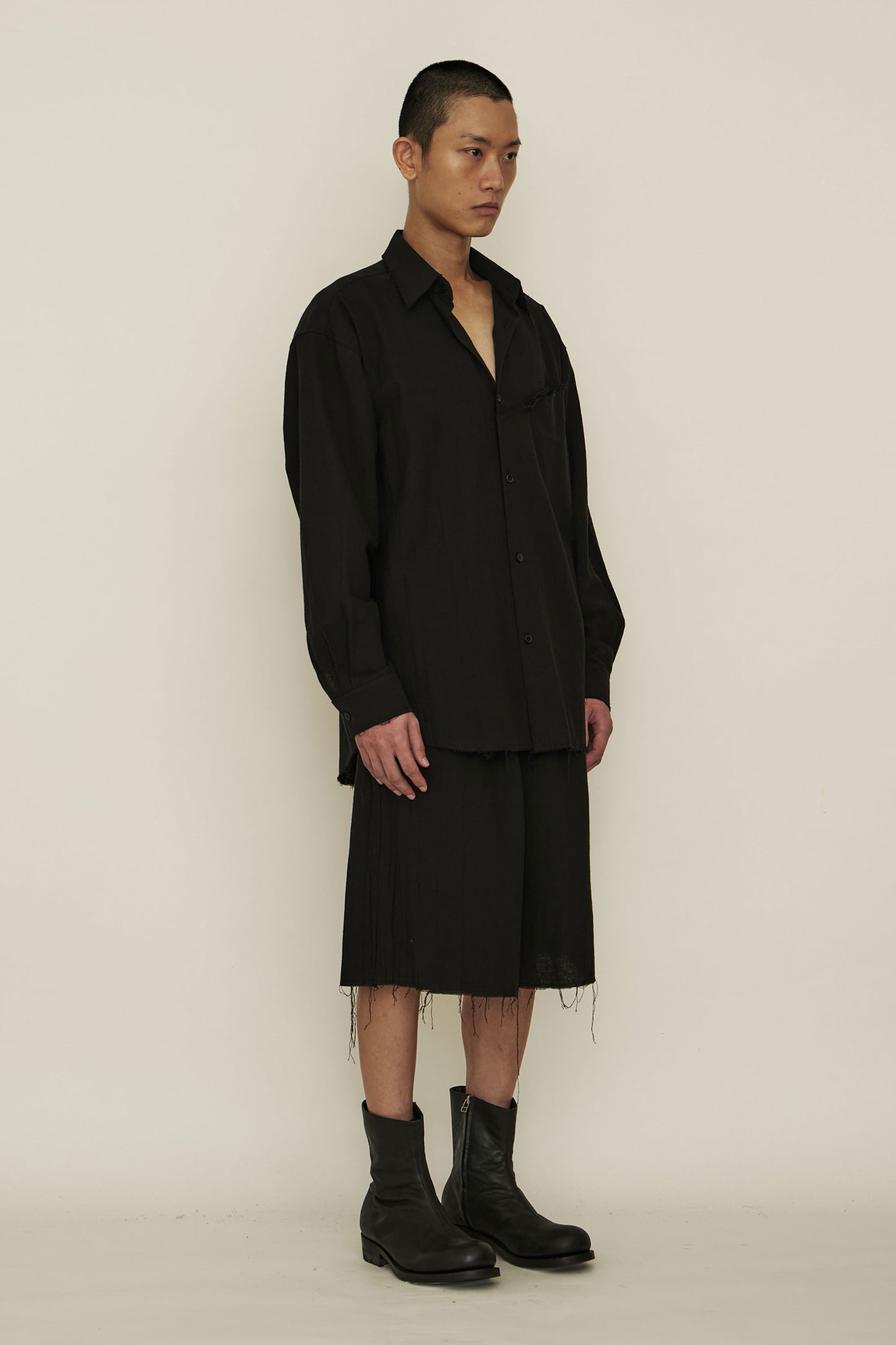 BLACK COTTON RAW EDGE POCKET SHIRT