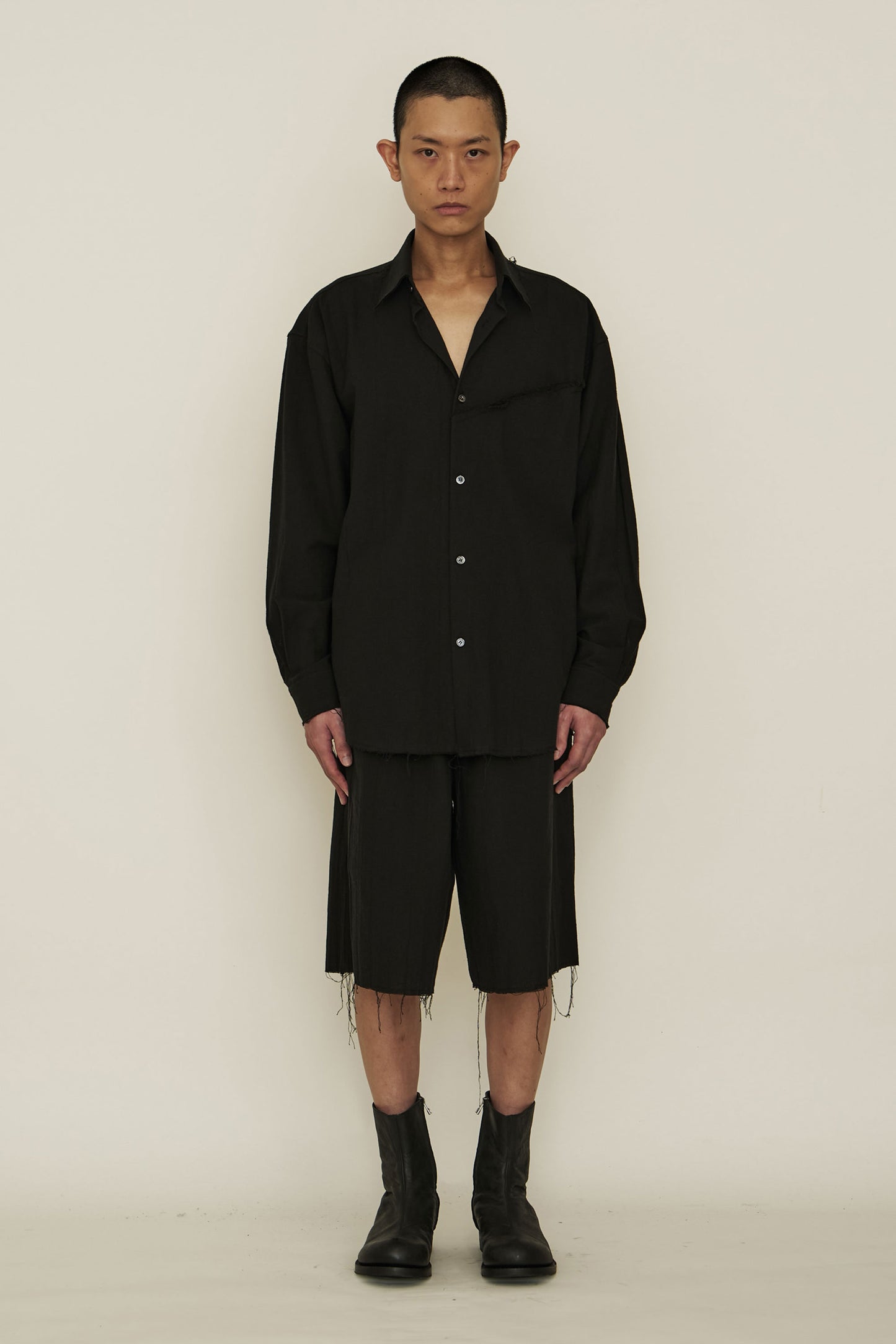 BLACK COTTON RAW EDGE POCKET SHIRT