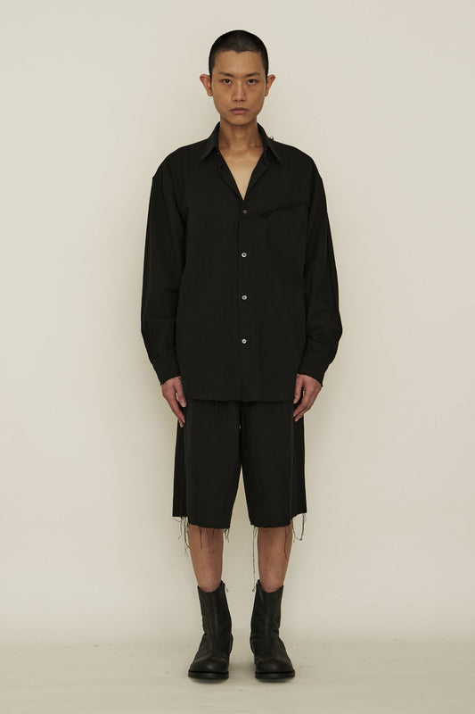 BLACK COTTON RAW EDGE POCKET SHIRT