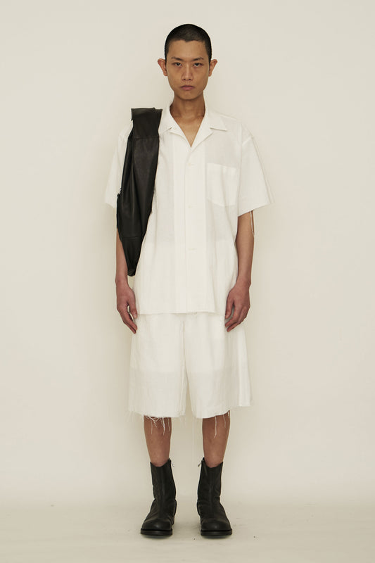 WHITE COTTON RAW EDGE SHORT SLEEVE SHIRT