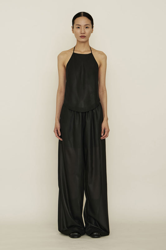 BLACK CHIFFON OPEN-BACK APRON TOP