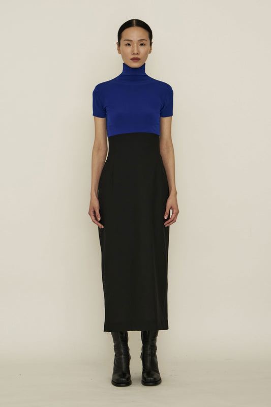 BLUE SKINNY HIGH NECK SHORT-SLEEVE TOP