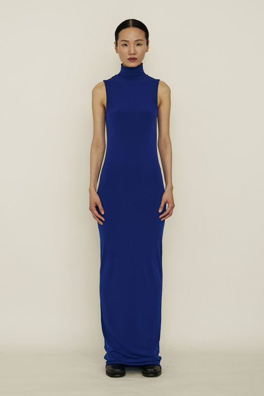 BLUE SKINNY HIGH NECK SLEEVELESS MAXI DRESS