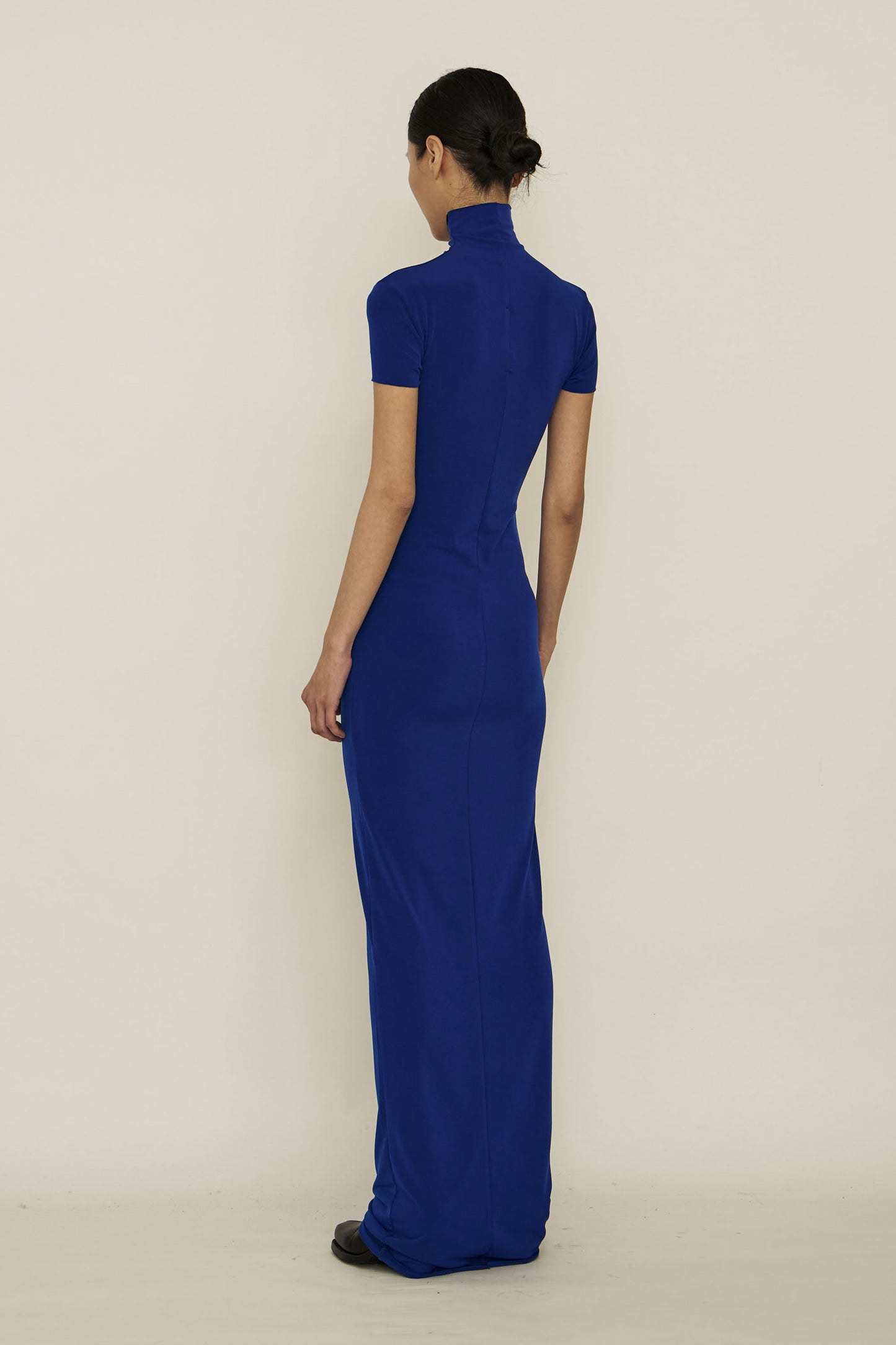 BLUE SKINNY HIGH NECK SHORT-SLEEVE MAXI DRESS