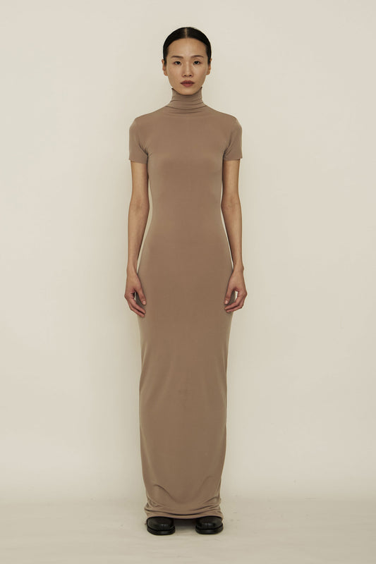 NUDE SKINNY HIGH NECK SHORT-SLEEVE MAXI DRESS
