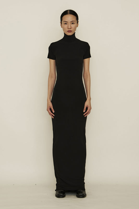 BLACK SKINNY HIGH NECK SHORT-SLEEVE MAXI DRESS