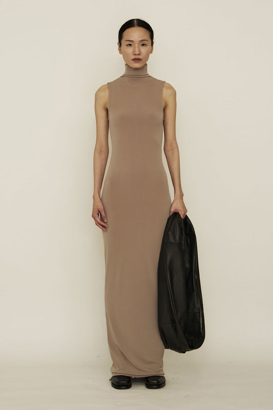 NUDE SKINNY HIGH NECK SLEEVELESS MAXI DRESS