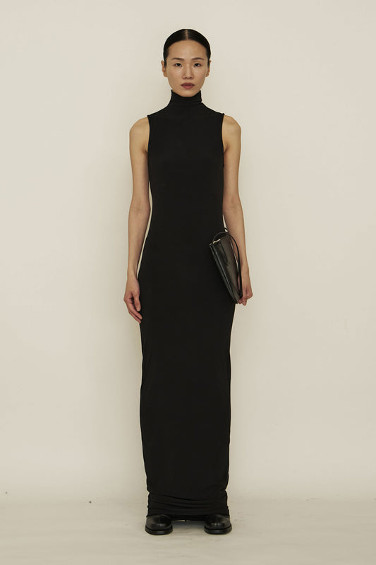 BLACK SKINNY HIGH NECK SLEEVELESS MAXI DRESS