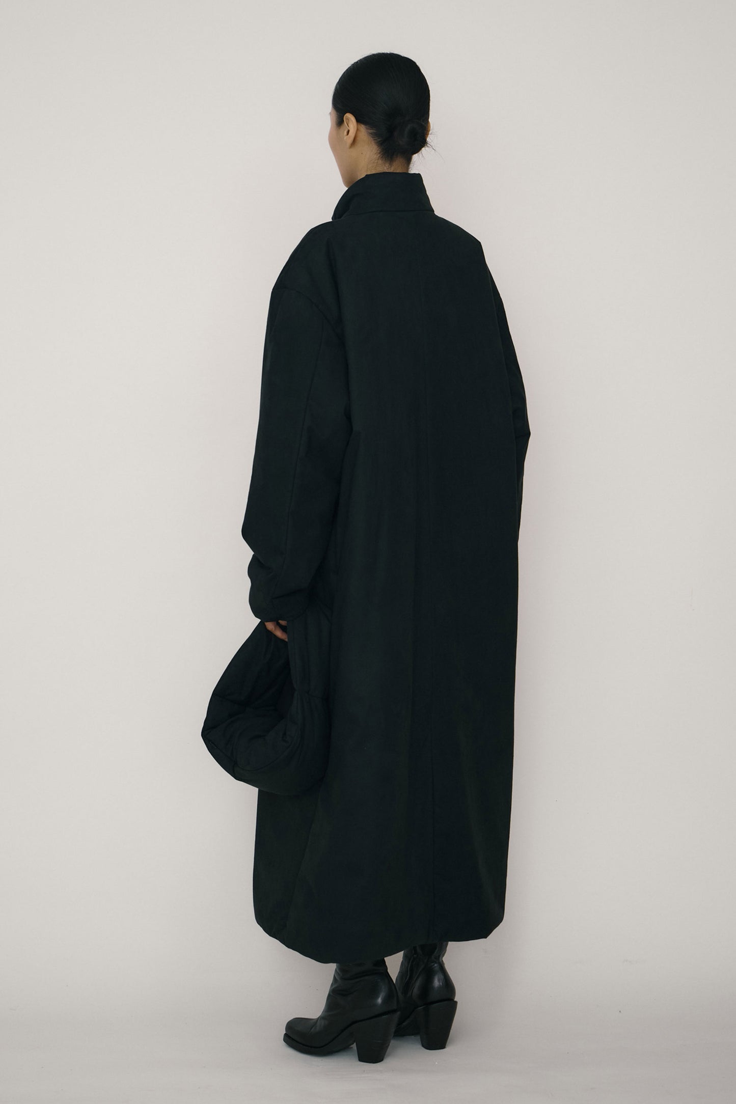 BLACK FAUX-SUEDE PADDED HIGH-NECK COAT (MADE TO ORDER)