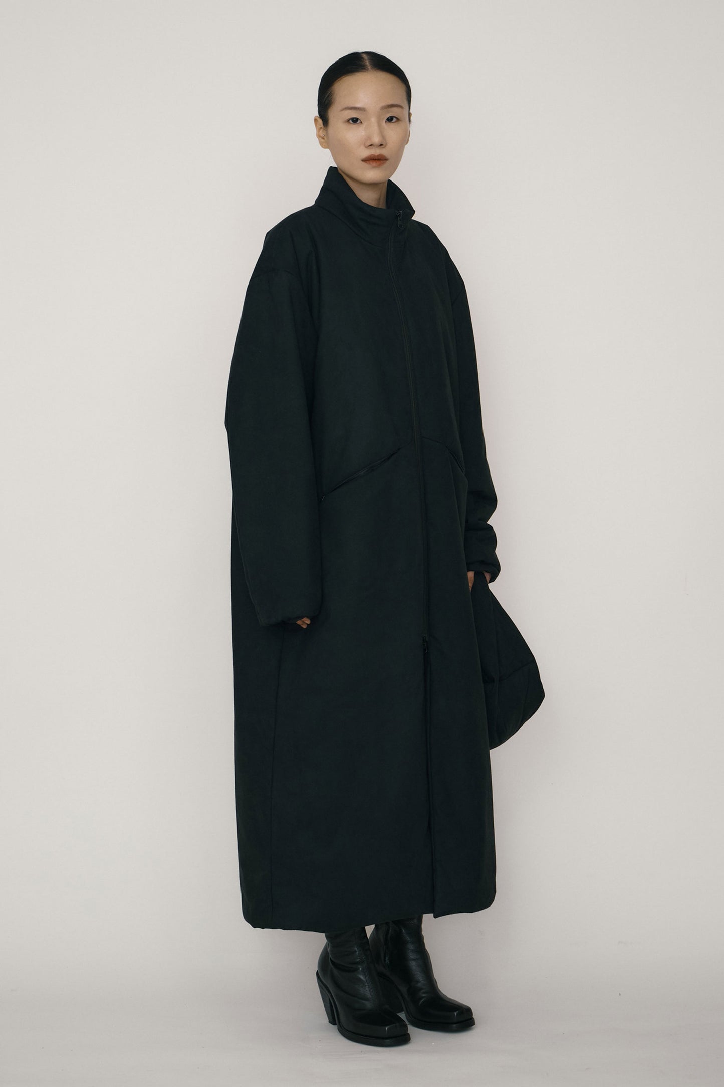 BLACK FAUX-SUEDE PADDED HIGH-NECK COAT (MADE TO ORDER)