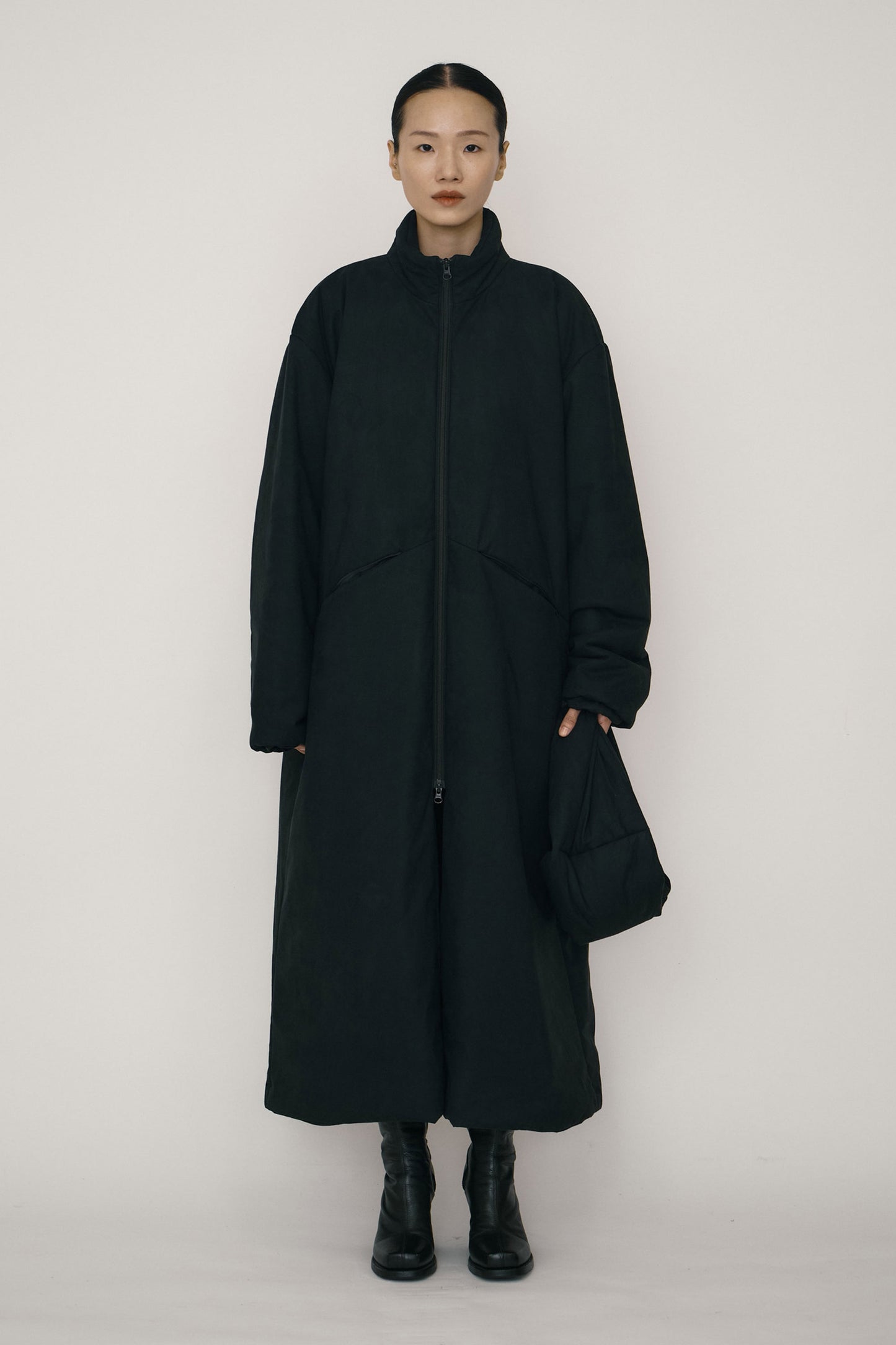 BLACK FAUX-SUEDE PADDED HIGH-NECK COAT (MADE TO ORDER)