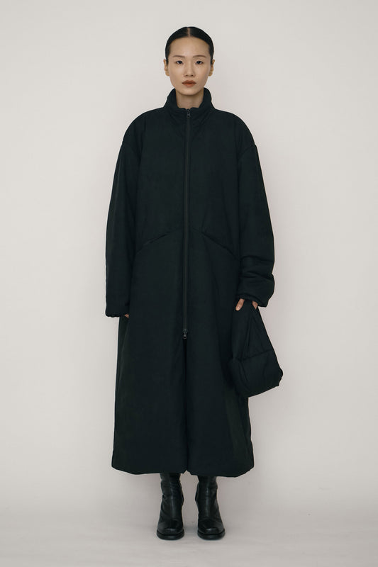 BLACK FAUX-SUEDE PADDED HIGH-NECK COAT (MADE TO ORDER)