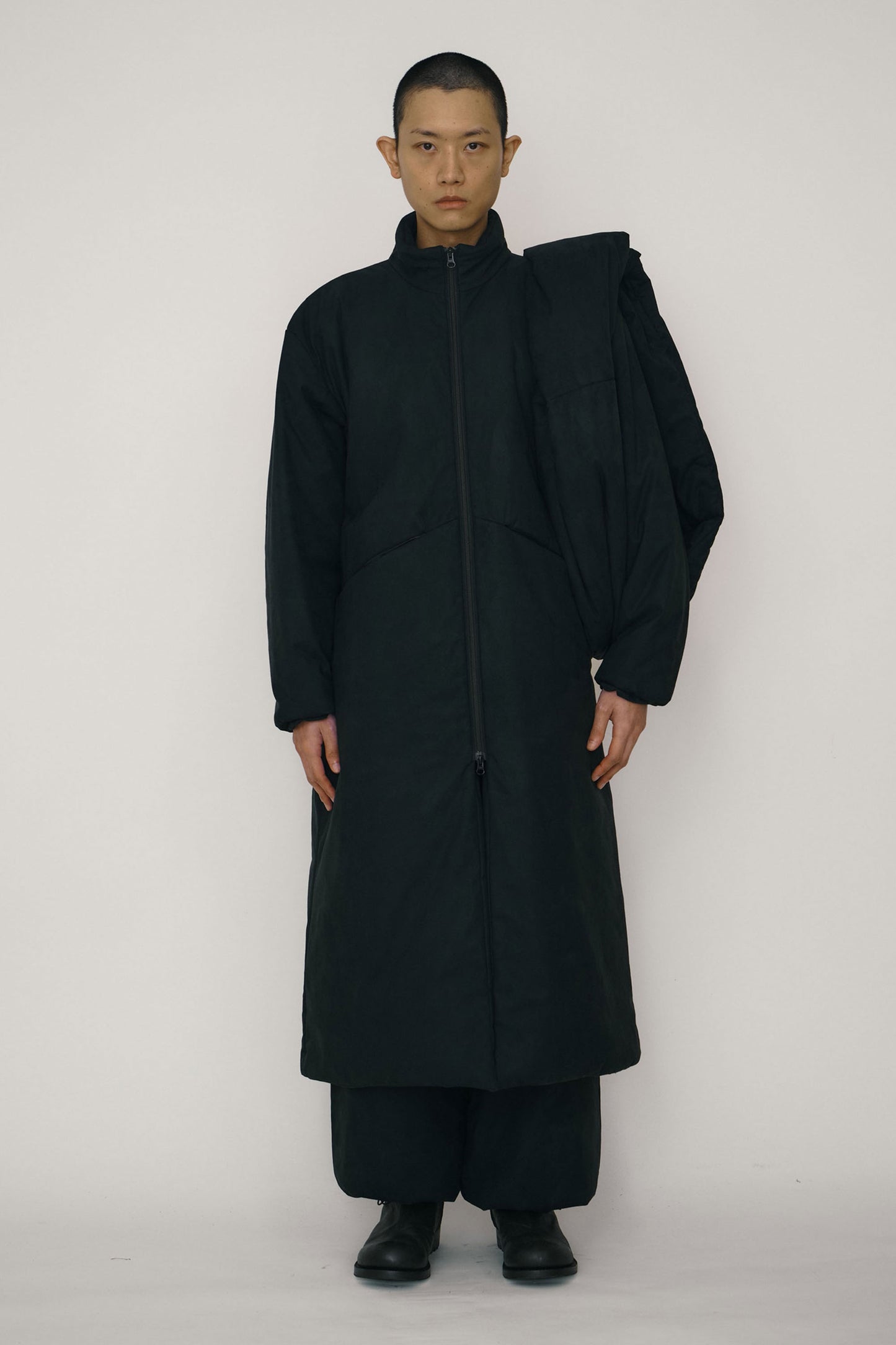 BLACK FAUX-SUEDE PADDED HIGH-NECK COAT (MADE TO ORDER)