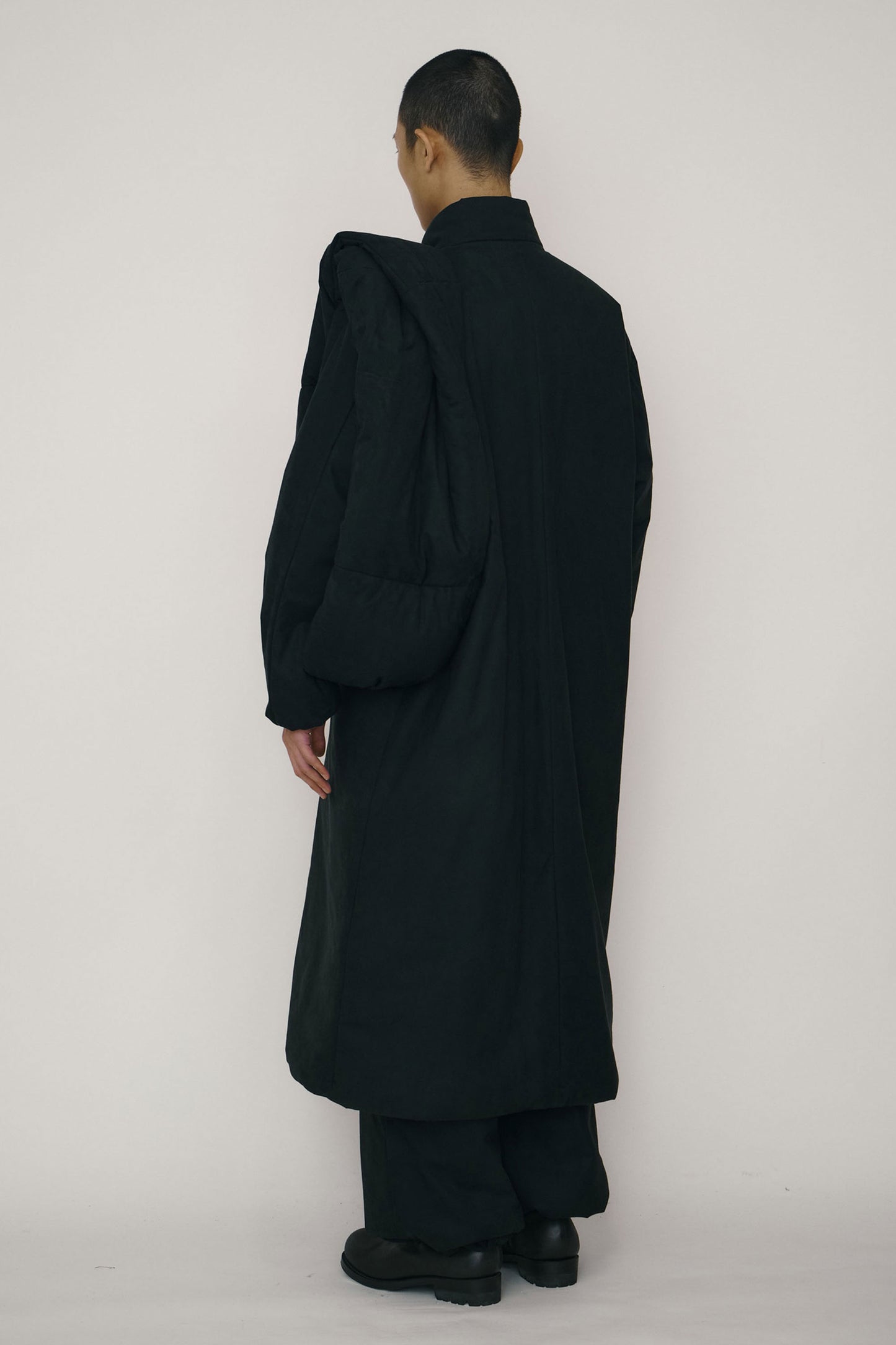 BLACK FAUX-SUEDE PADDED HIGH-NECK COAT (MADE TO ORDER)