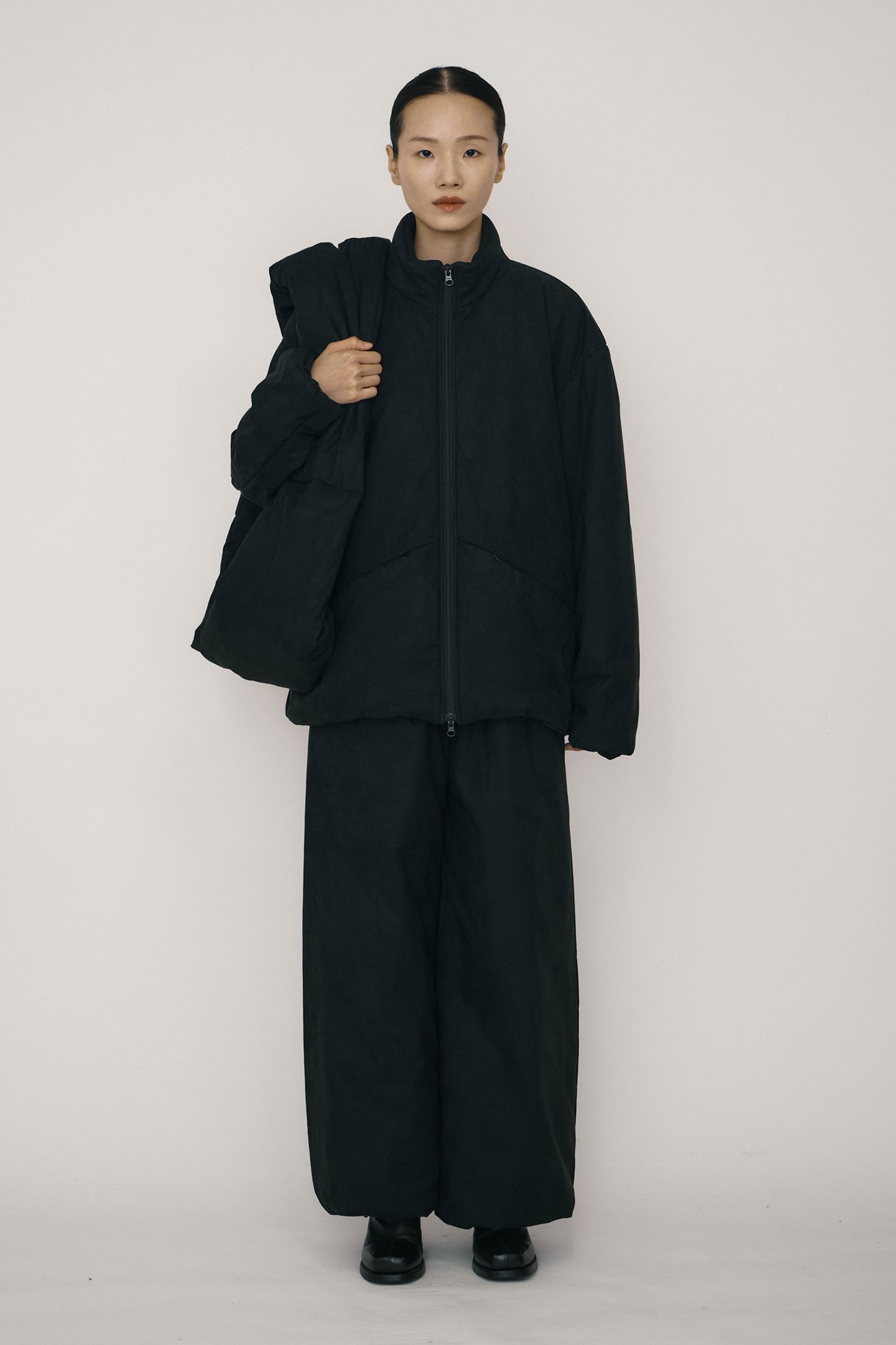 BLACK FAUX-SUEDE PADDED HIGH-NECK JACKET (MADE TO ORDER)