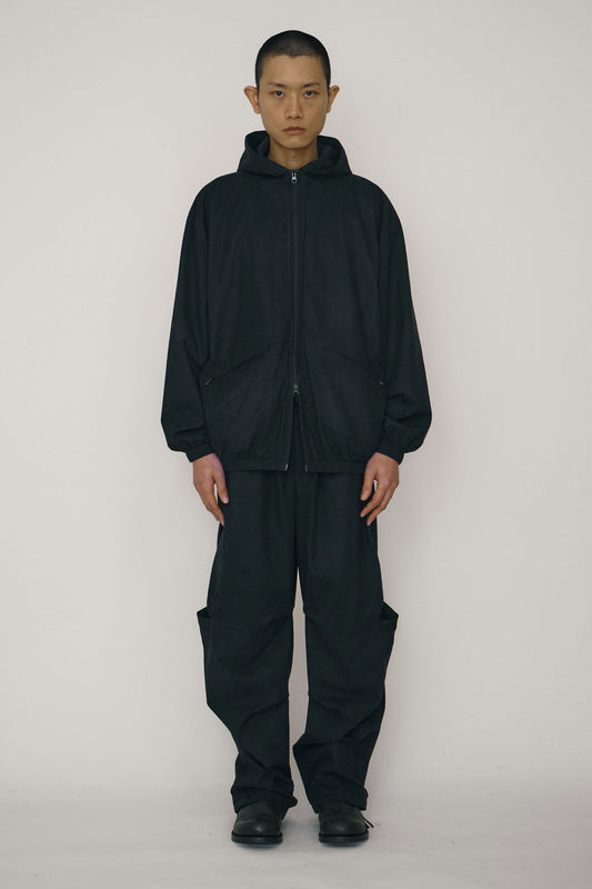 BLACK FAUX-SUEDE TUCK TROUSERS (MADE TO ORDER)