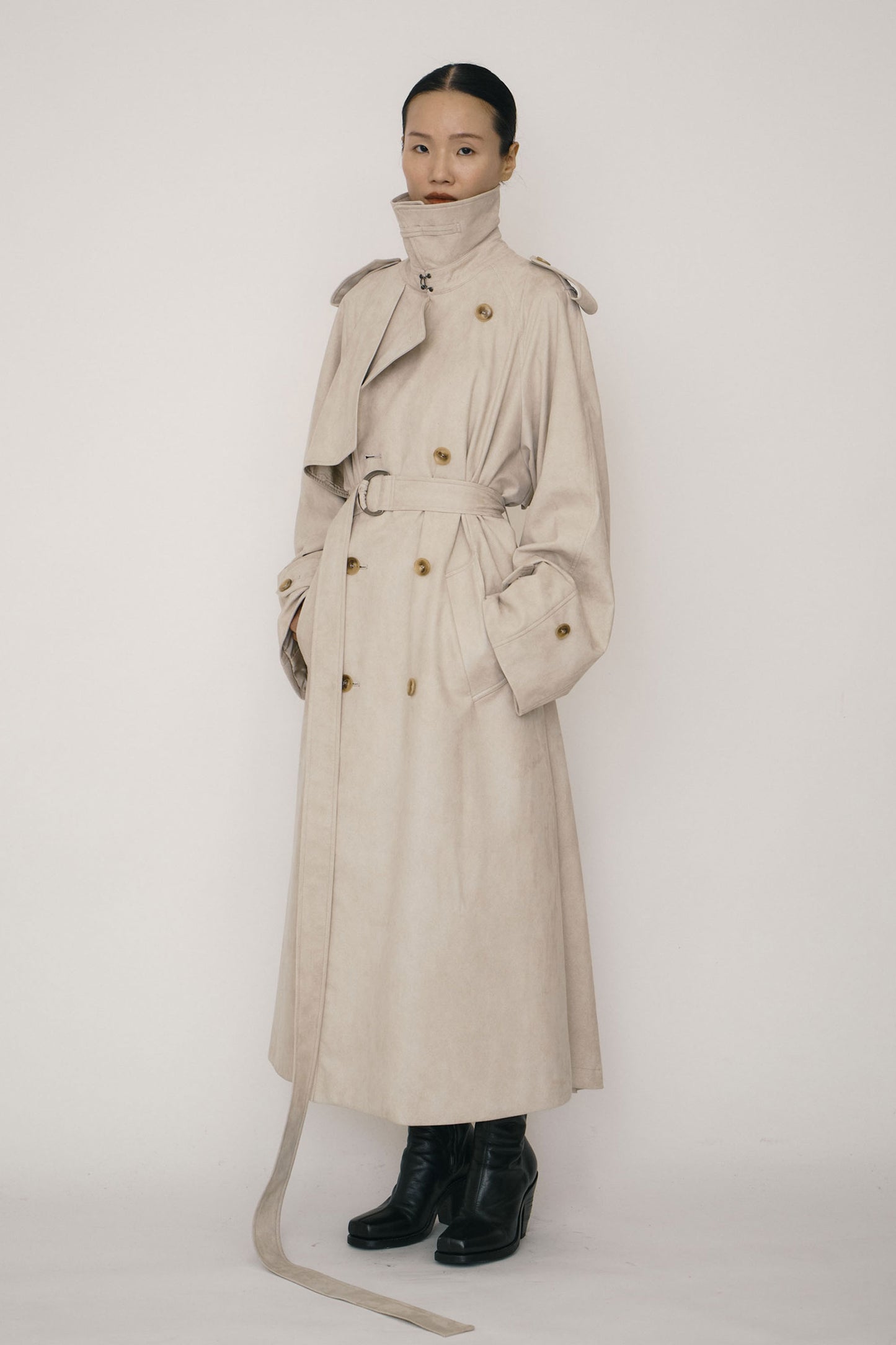 KHAKI FAUX-SUEDE DOUBLE-BREASTED RAGLAN TRENCH COAT (MADE TO ORDER)