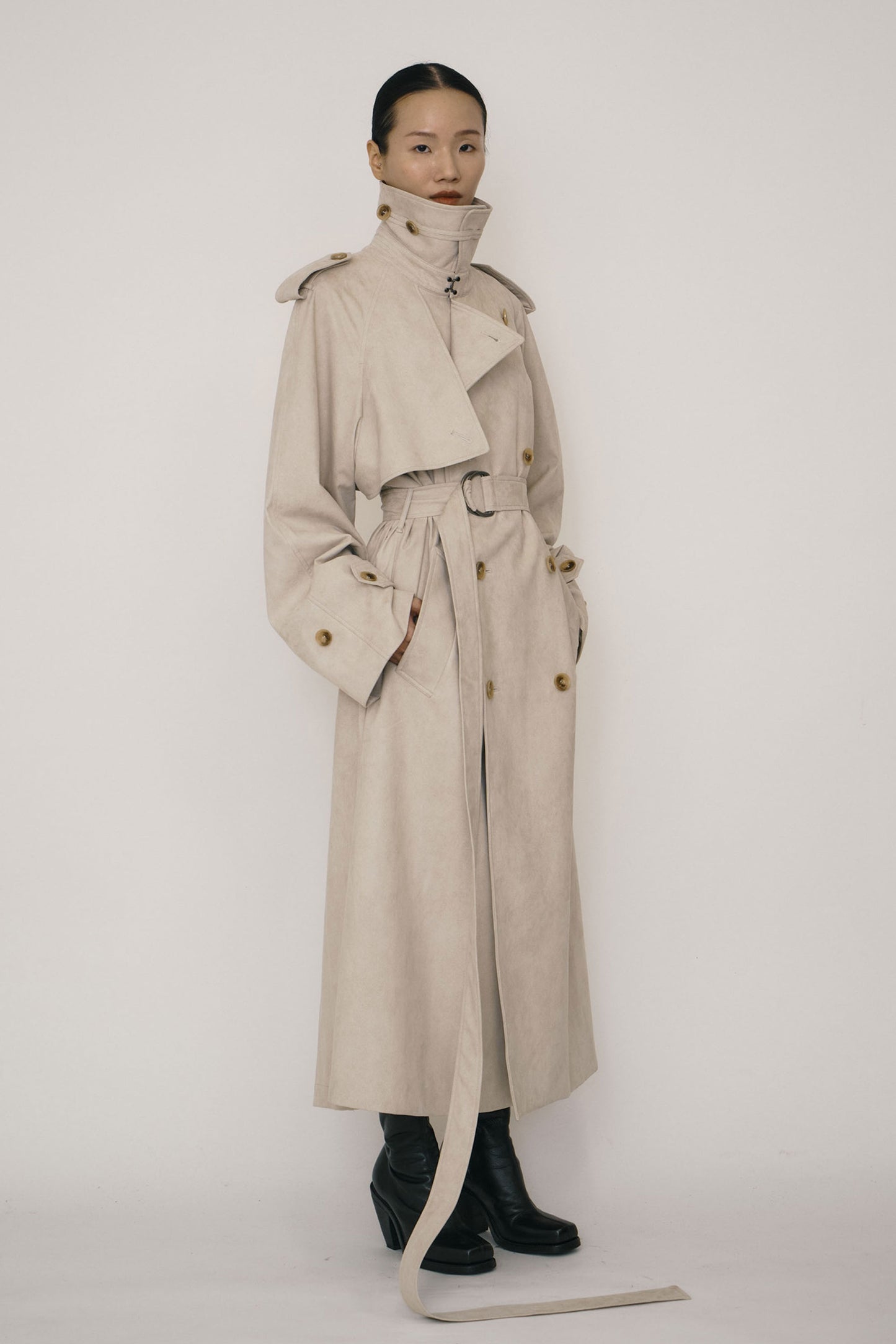 KHAKI FAUX-SUEDE DOUBLE-BREASTED RAGLAN TRENCH COAT (MADE TO ORDER)