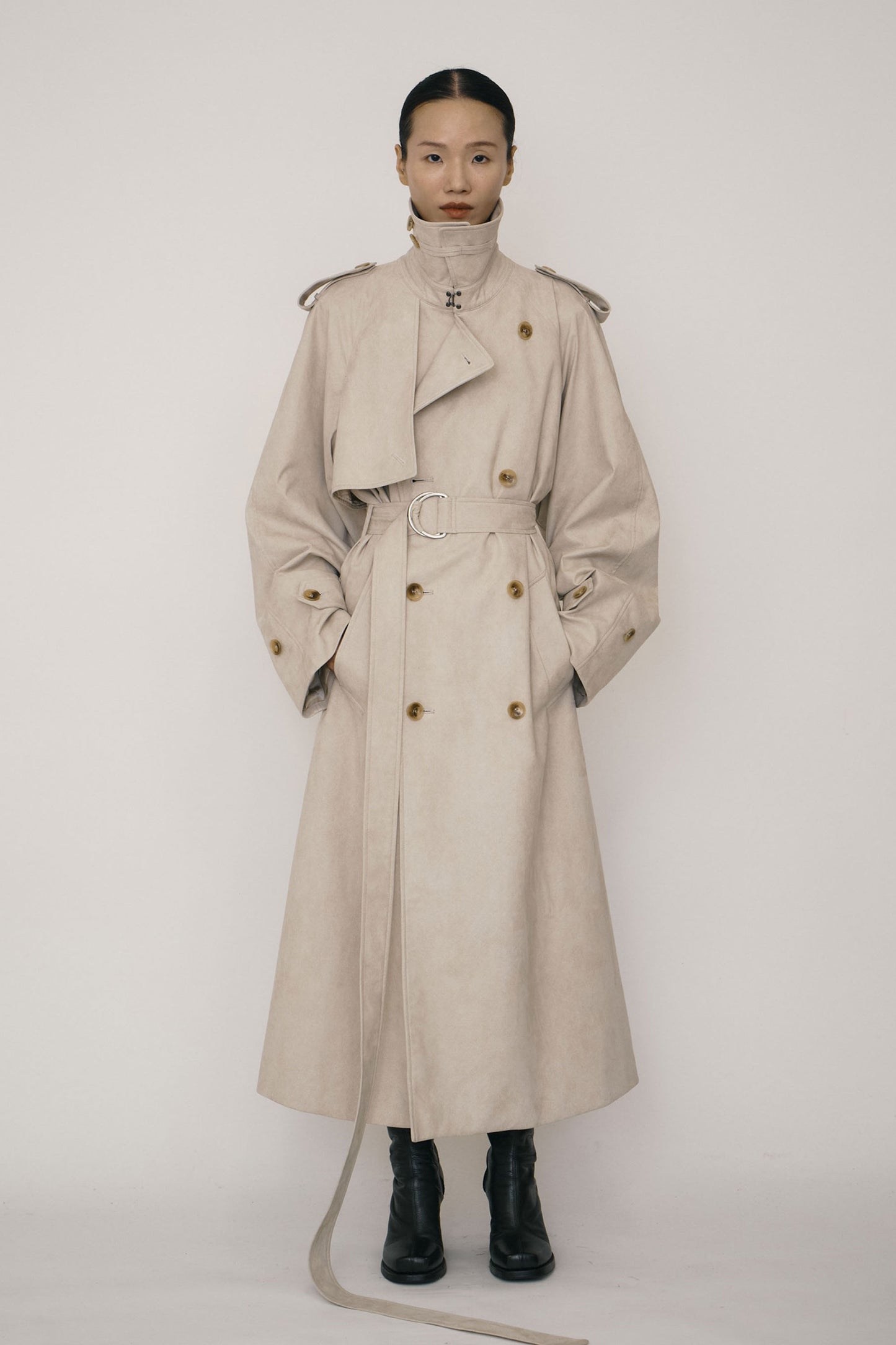 KHAKI FAUX-SUEDE DOUBLE-BREASTED RAGLAN TRENCH COAT (MADE TO ORDER)