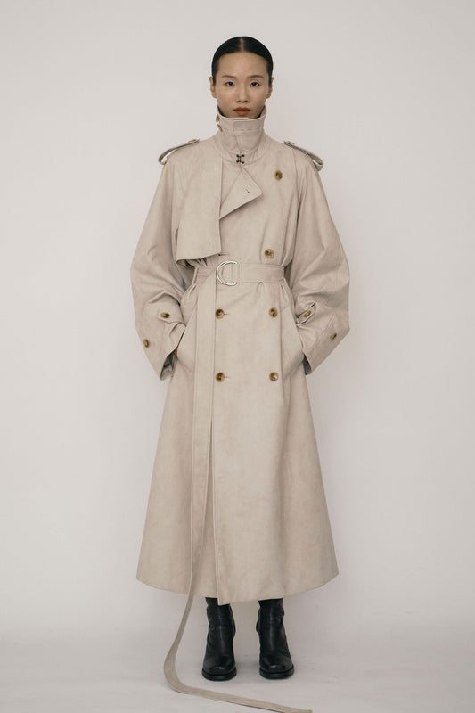 KHAKI FAUX-SUEDE DOUBLE-BREASTED RAGLAN TRENCH COAT (MADE TO ORDER)