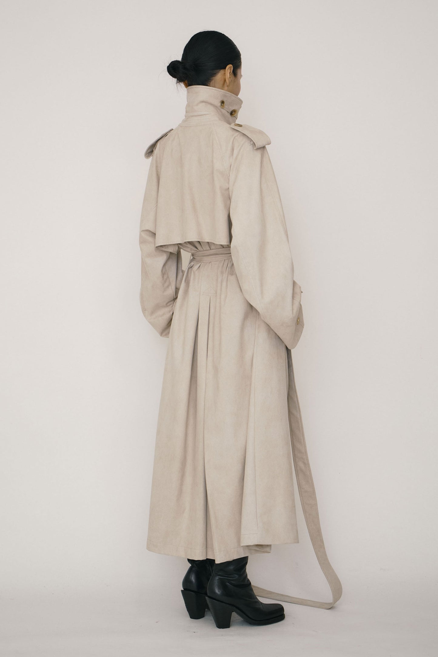 KHAKI FAUX-SUEDE DOUBLE-BREASTED RAGLAN TRENCH COAT (MADE TO ORDER)