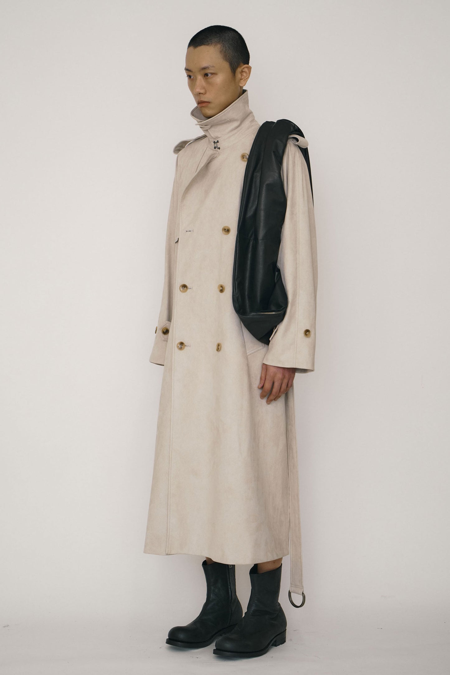 KHAKI FAUX-SUEDE DOUBLE-BREASTED RAGLAN TRENCH COAT (MADE TO ORDER)