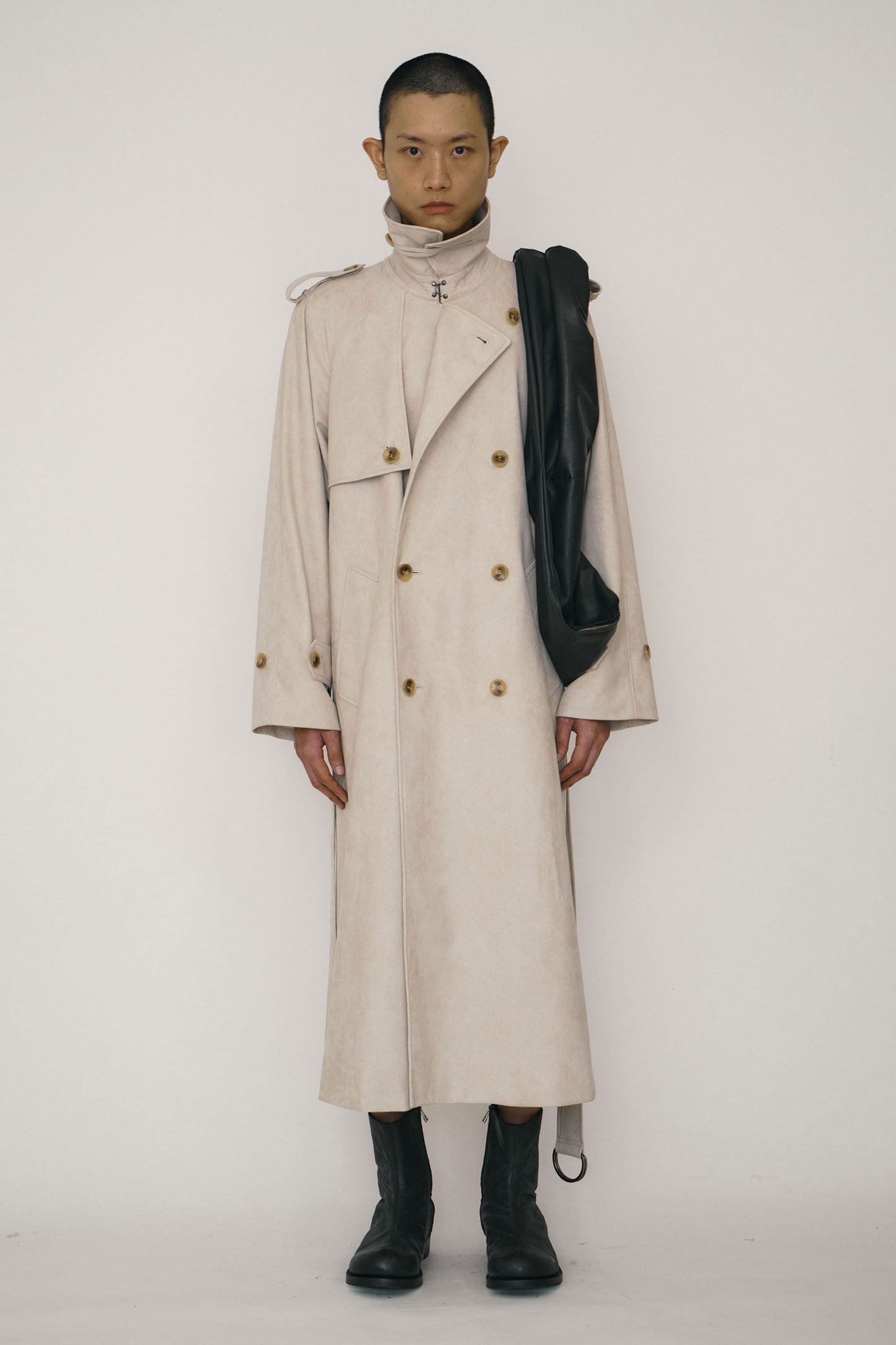 KHAKI FAUX-SUEDE DOUBLE-BREASTED RAGLAN TRENCH COAT (MADE TO ORDER)