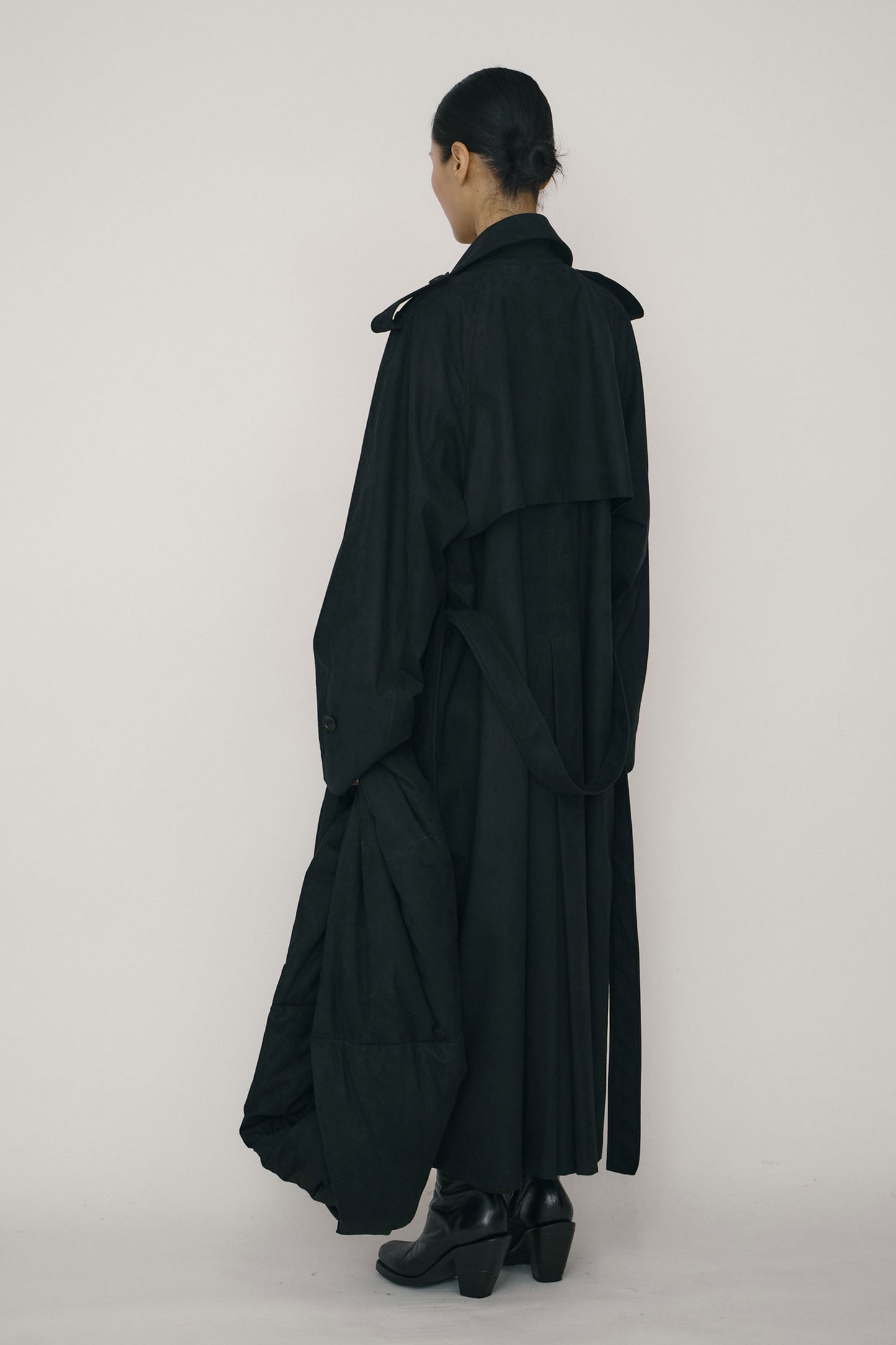 BLACK FAUX-SUEDE DOUBLE-BREASTED RAGLAN TRENCH COAT