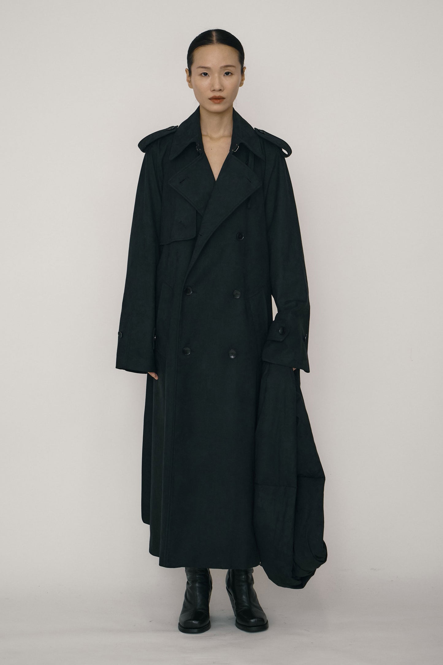 BLACK FAUX-SUEDE DOUBLE-BREASTED RAGLAN TRENCH COAT