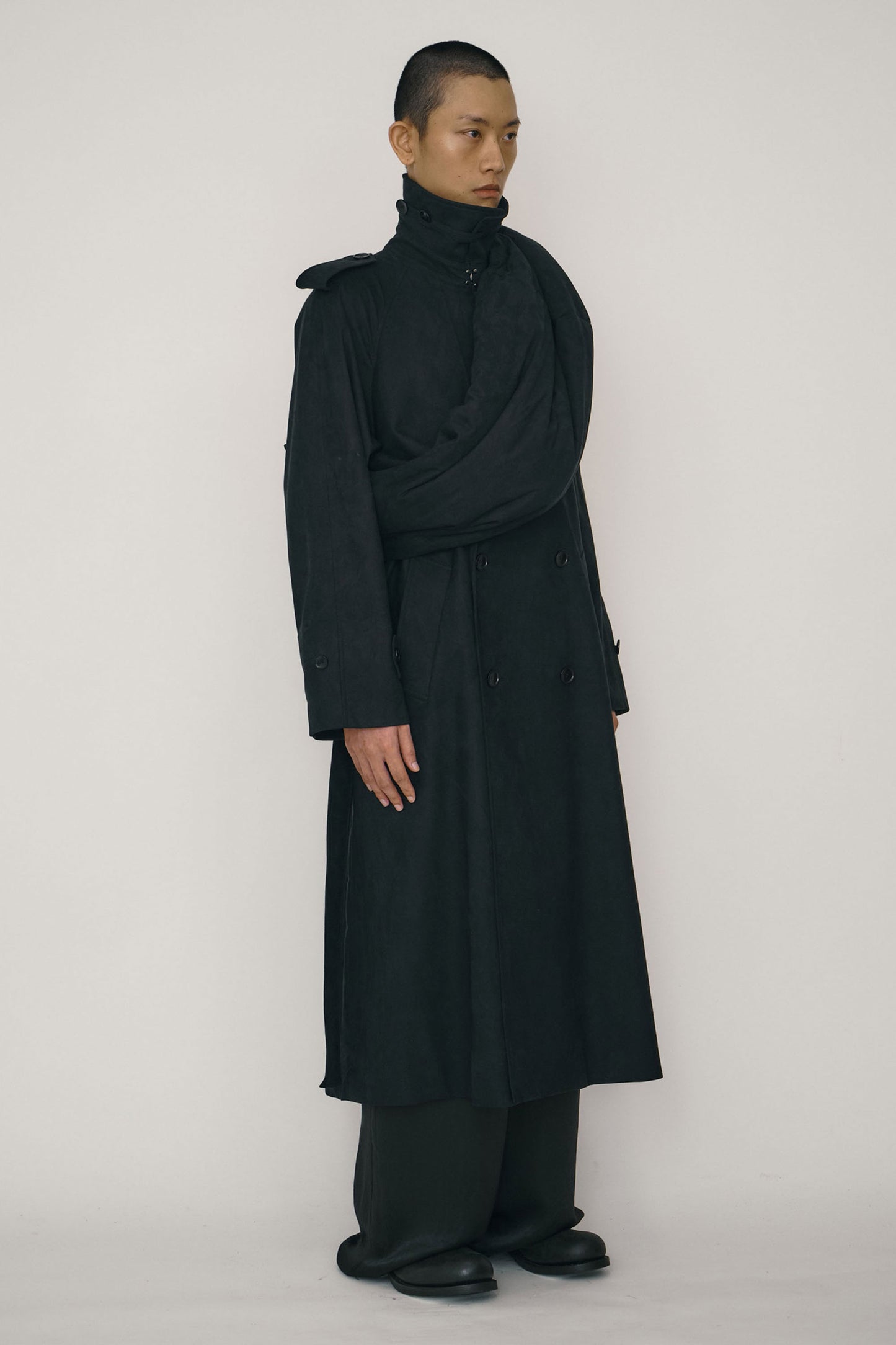 BLACK FAUX-SUEDE DOUBLE-BREASTED RAGLAN TRENCH COAT