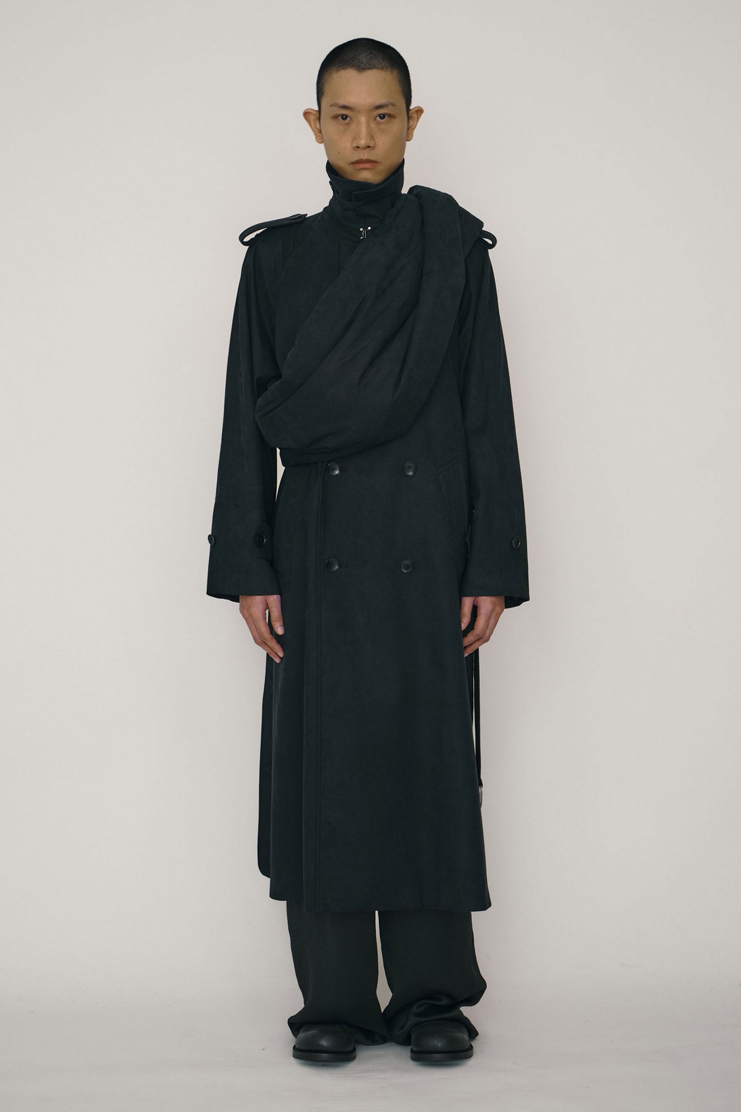 BLACK FAUX-SUEDE DOUBLE-BREASTED RAGLAN TRENCH COAT