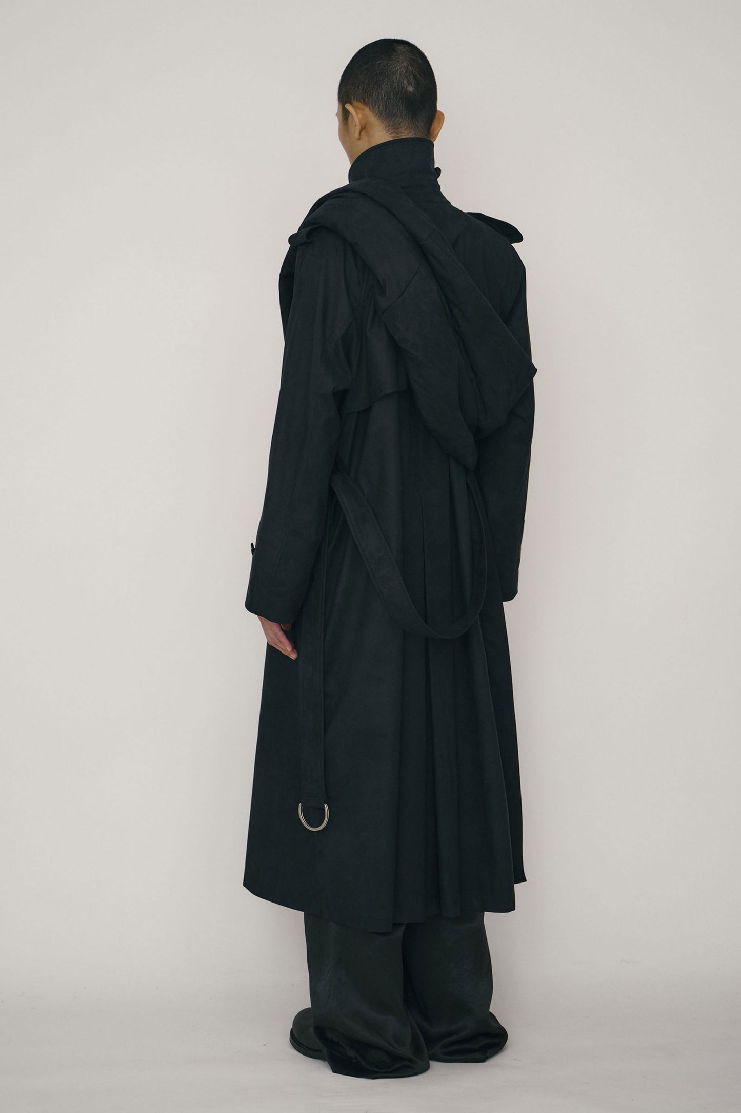 BLACK FAUX-SUEDE DOUBLE-BREASTED RAGLAN TRENCH COAT