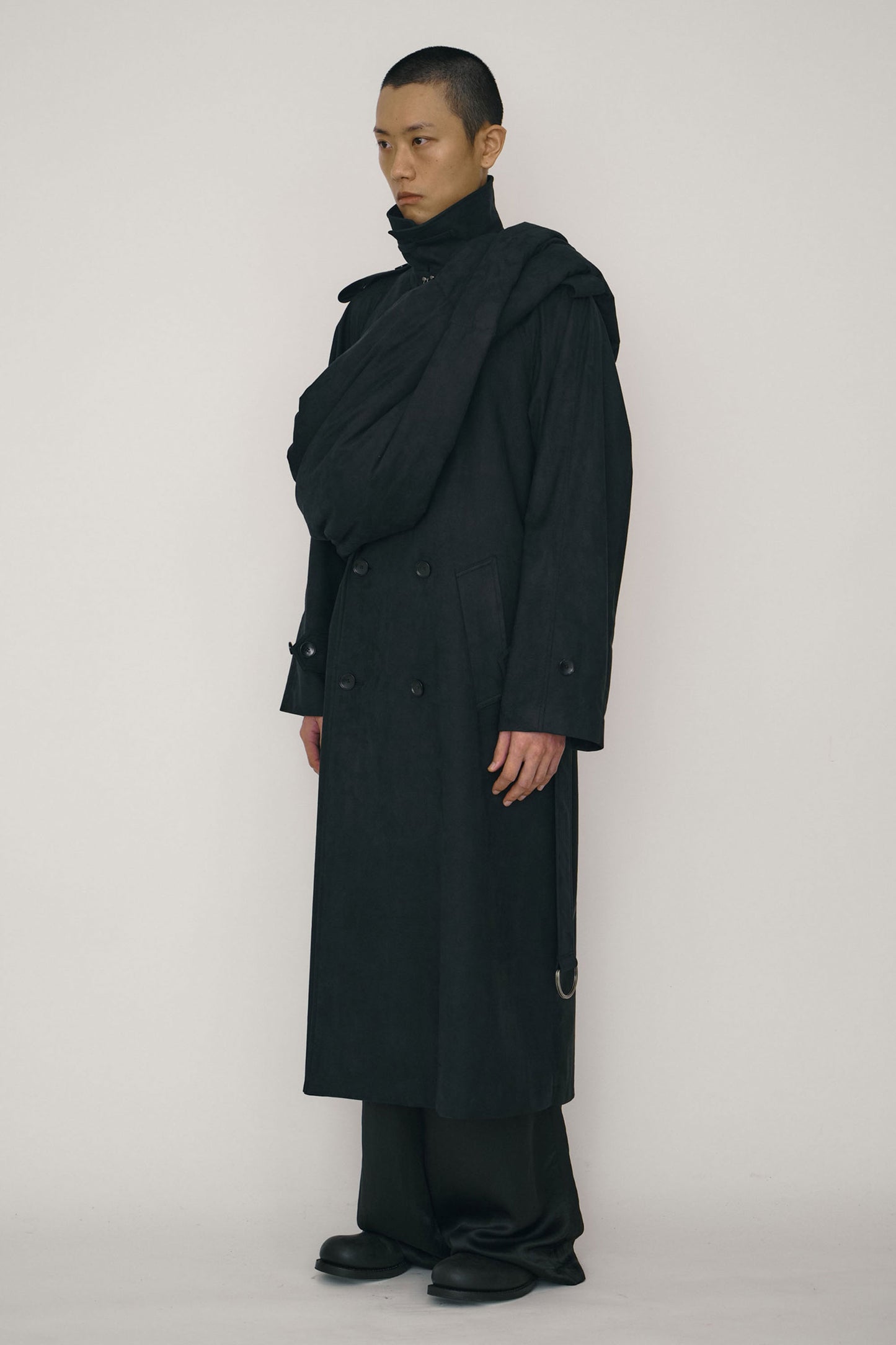 BLACK FAUX-SUEDE DOUBLE-BREASTED RAGLAN TRENCH COAT