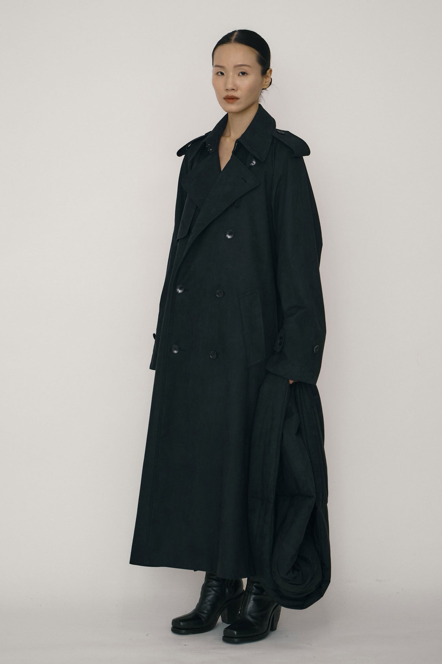 BLACK FAUX-SUEDE DOUBLE-BREASTED RAGLAN TRENCH COAT