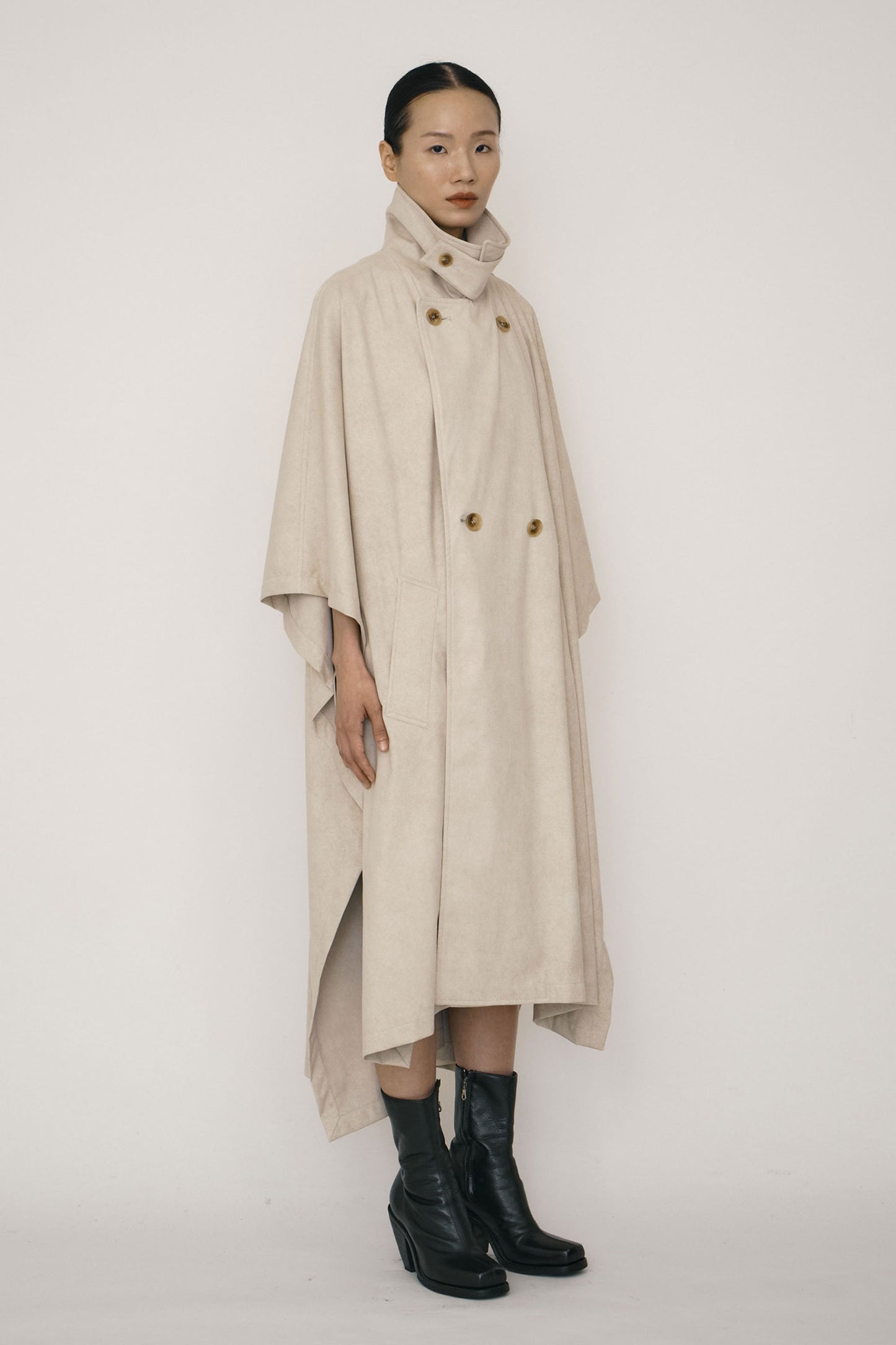 KHAKI FAUX-SUEDE DOUBLE-BREASTED CAPE (MADE TO ORDER)