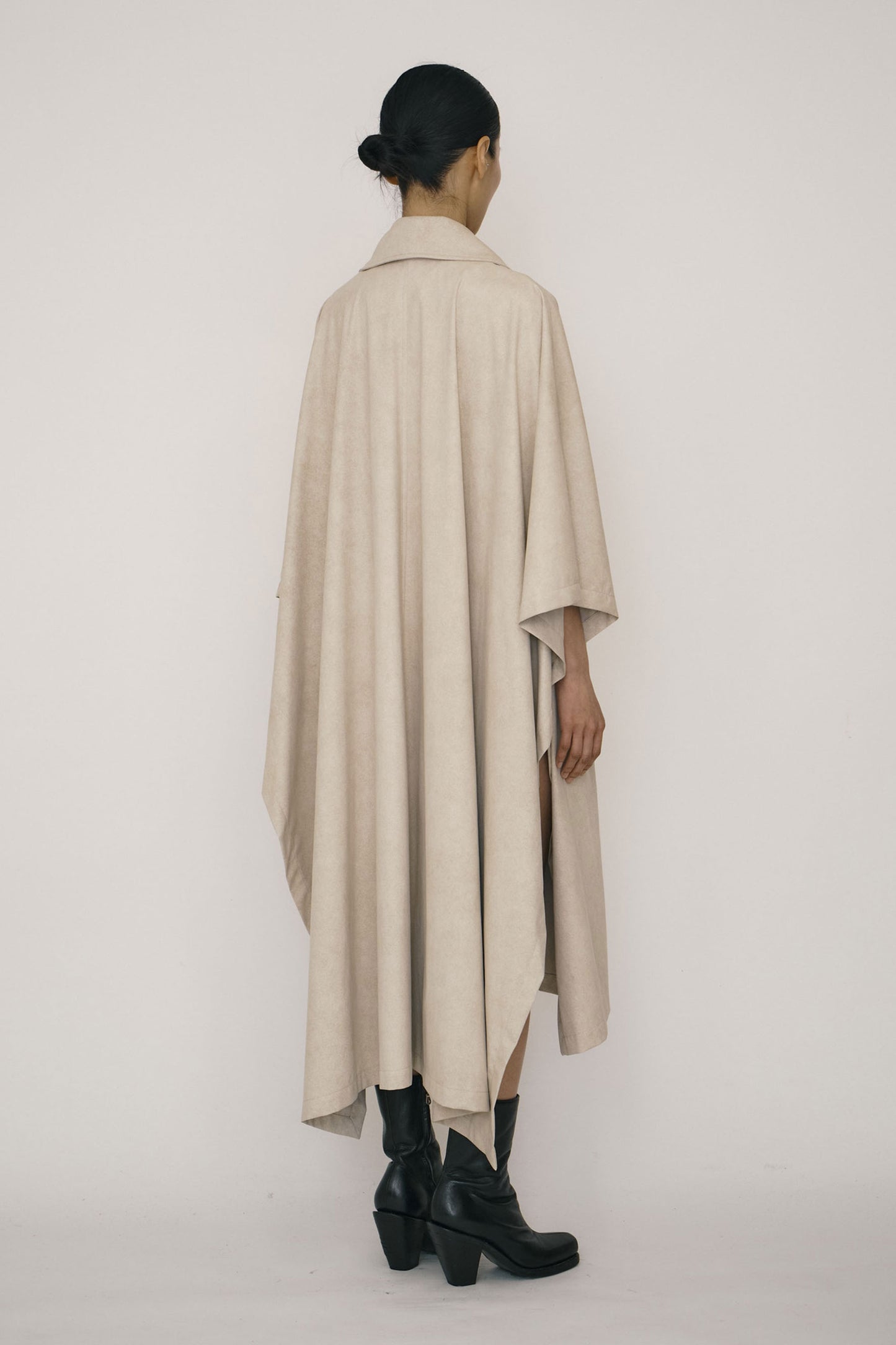 KHAKI FAUX-SUEDE DOUBLE-BREASTED CAPE (MADE TO ORDER)