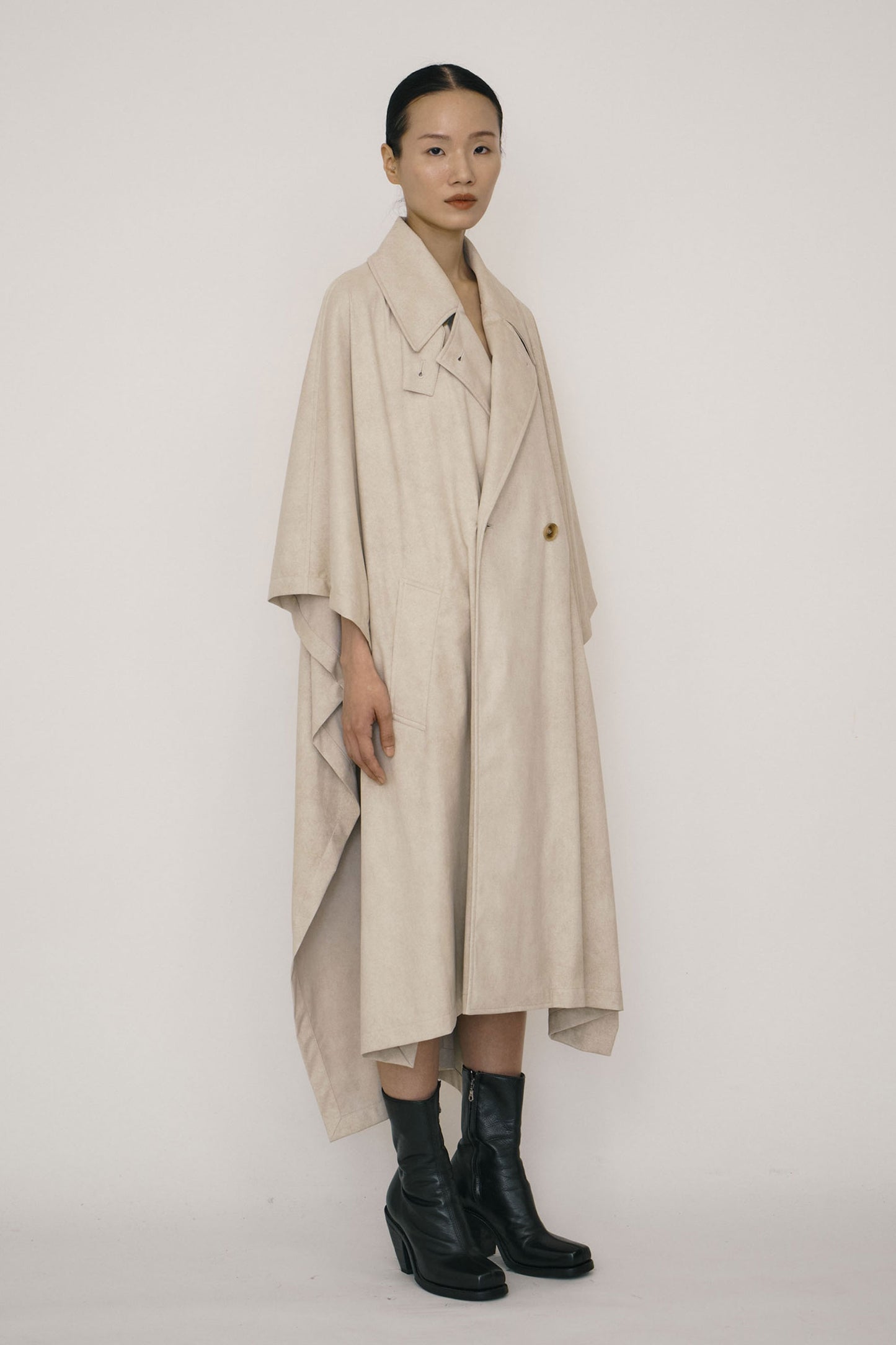 KHAKI FAUX-SUEDE DOUBLE-BREASTED CAPE (MADE TO ORDER)