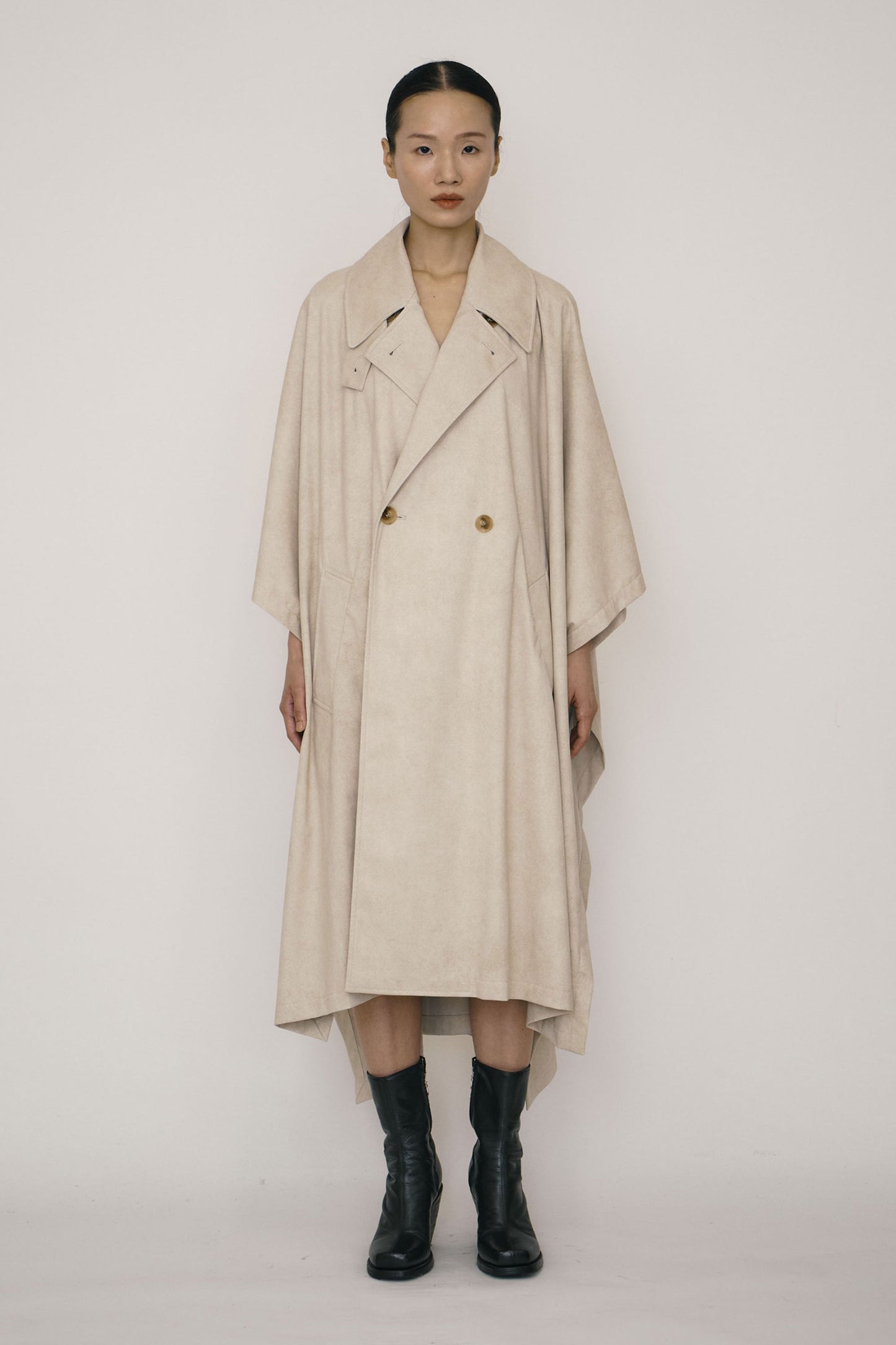 KHAKI FAUX-SUEDE DOUBLE-BREASTED CAPE (MADE TO ORDER)