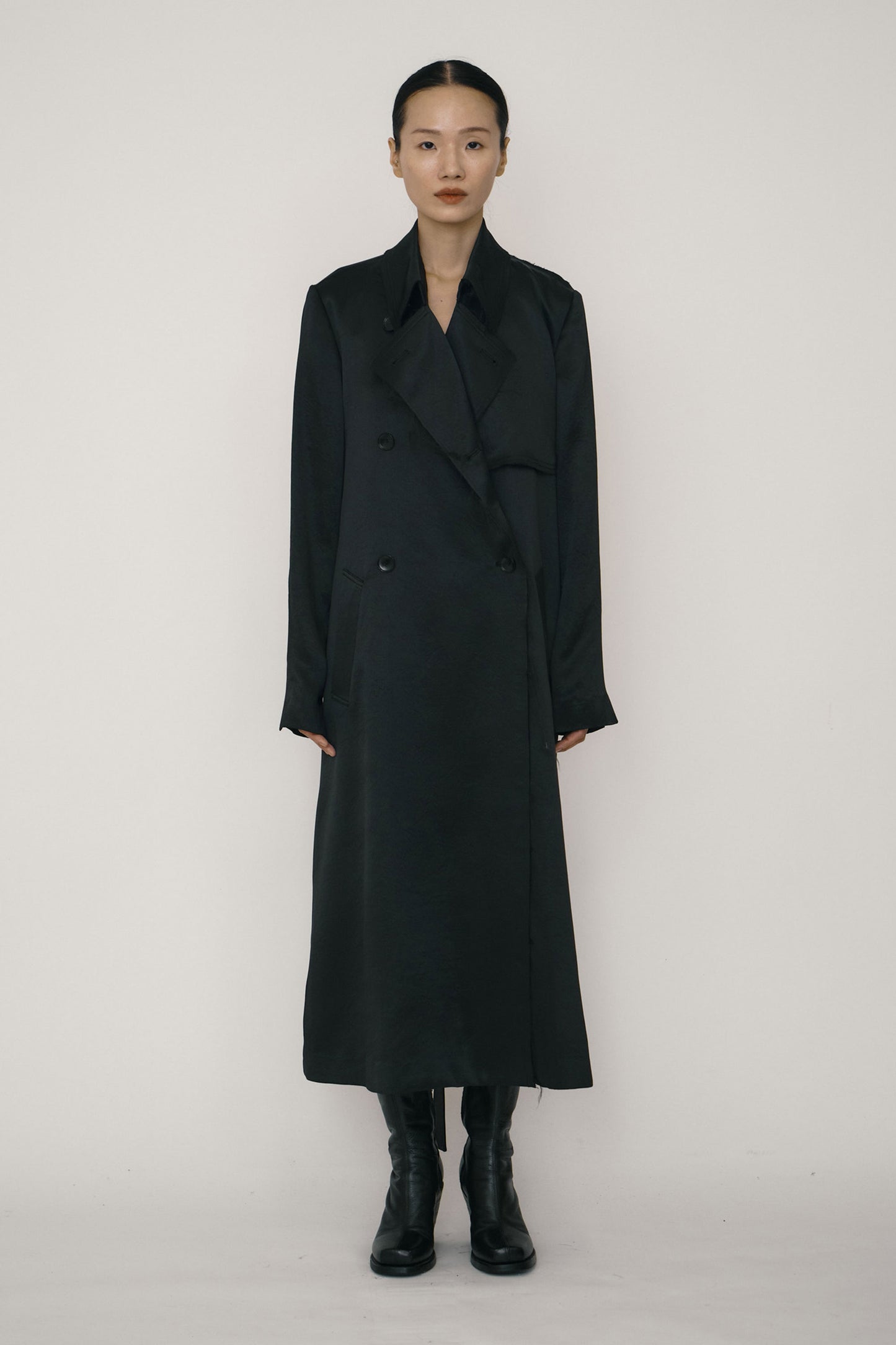 BLACK SATIN RAW EDGE TRENCH COAT (MADE TO ORDER)