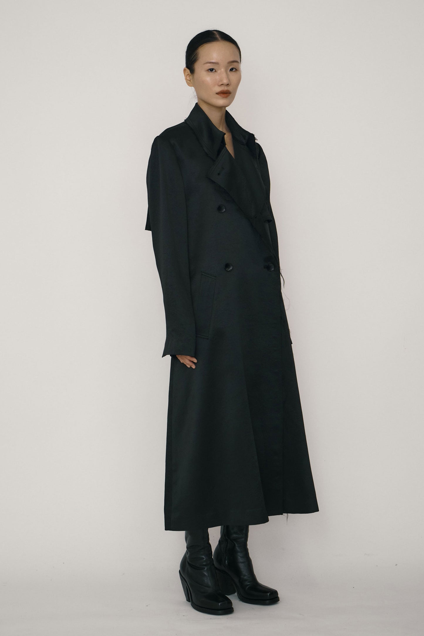 BLACK SATIN RAW EDGE TRENCH COAT (MADE TO ORDER)