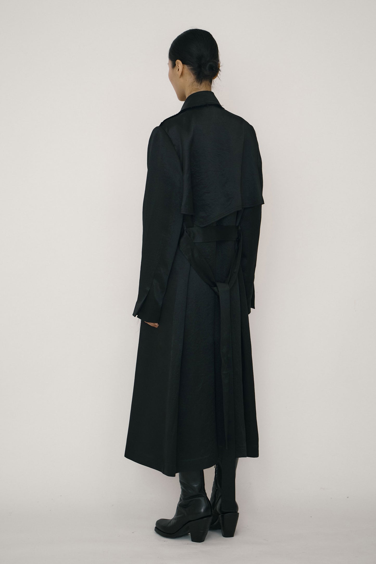 BLACK SATIN RAW EDGE TRENCH COAT (MADE TO ORDER)
