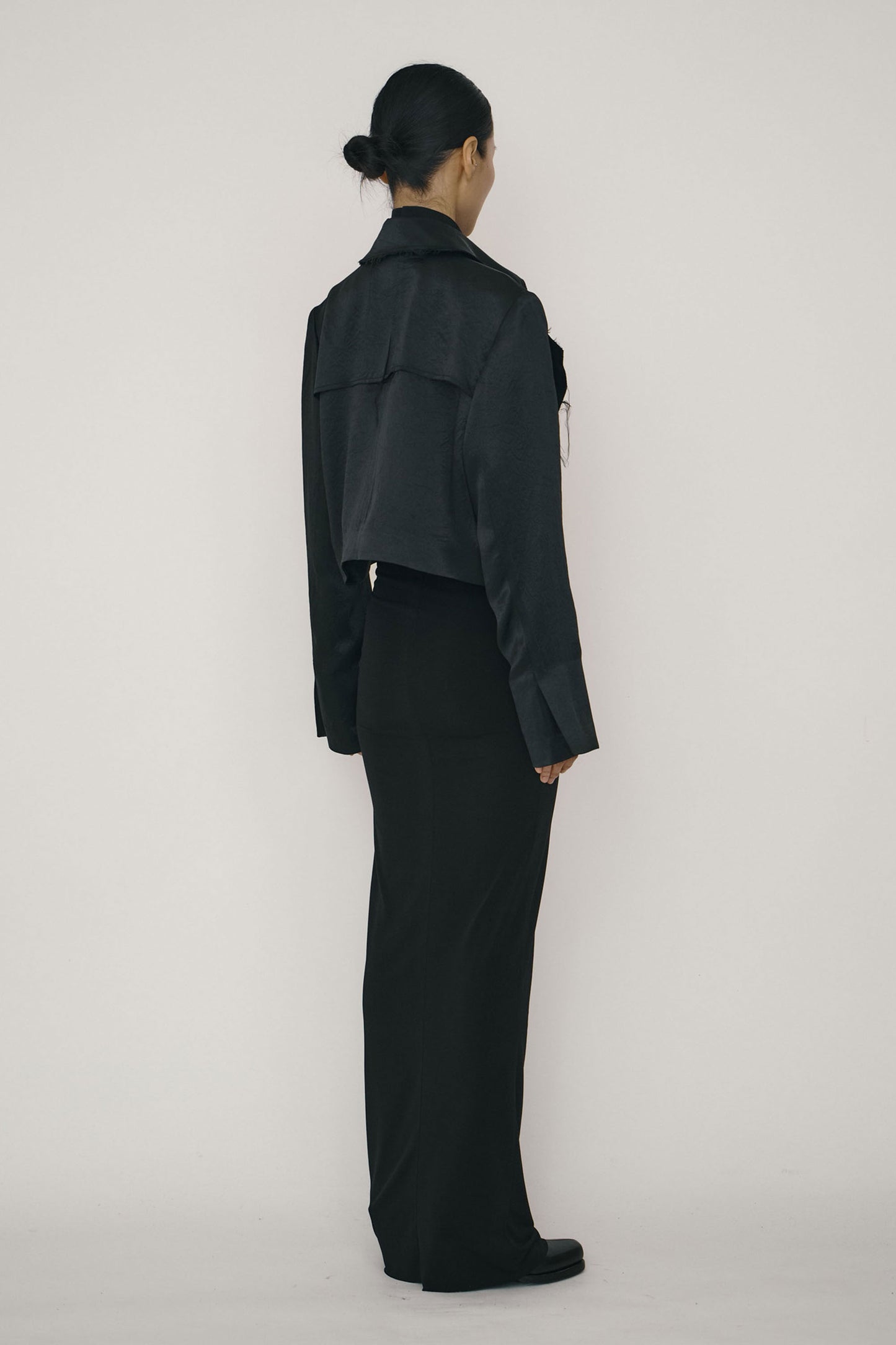 BLACK SATIN RAW EDGE SHORT TRENCH COAT (MADE TO ORDER)