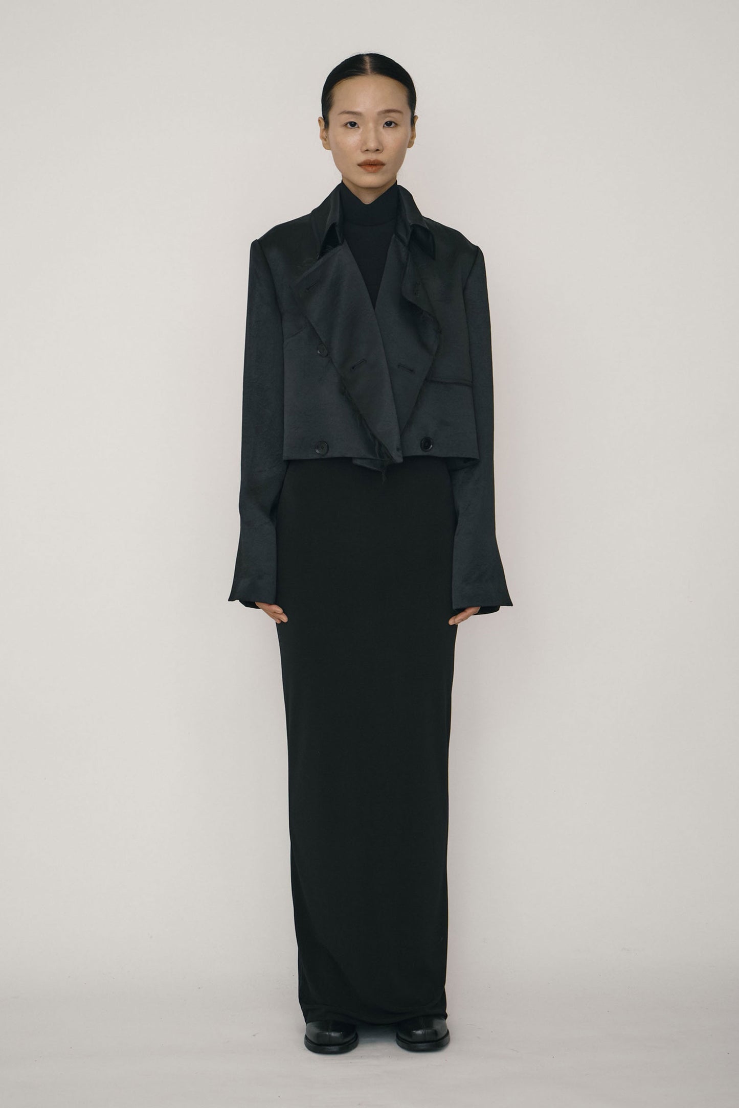 BLACK SATIN RAW EDGE SHORT TRENCH COAT (MADE TO ORDER)