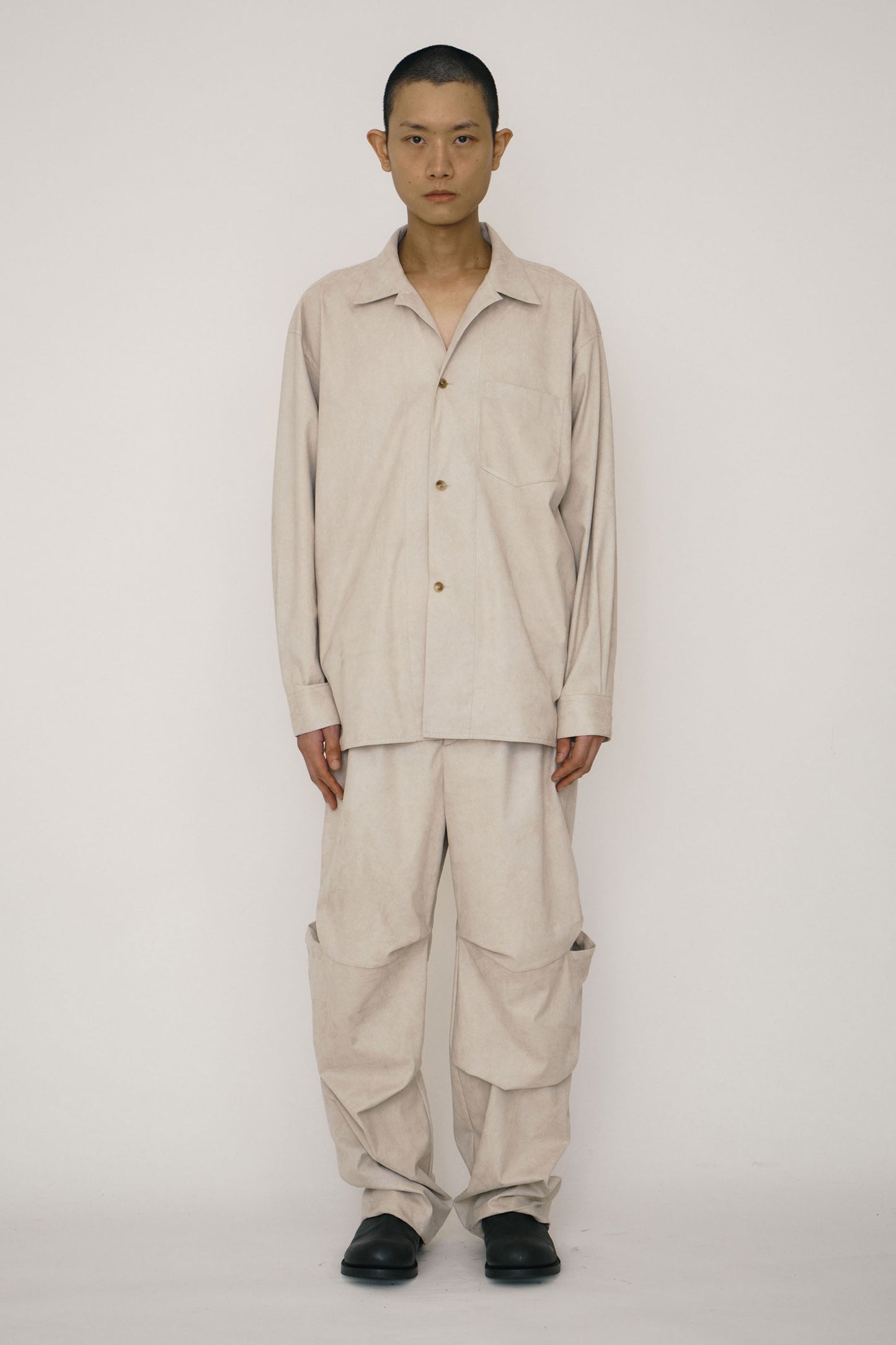 KHAKI FAUX-SUEDE TUCK TROUSERS (MADE TO ORDER)