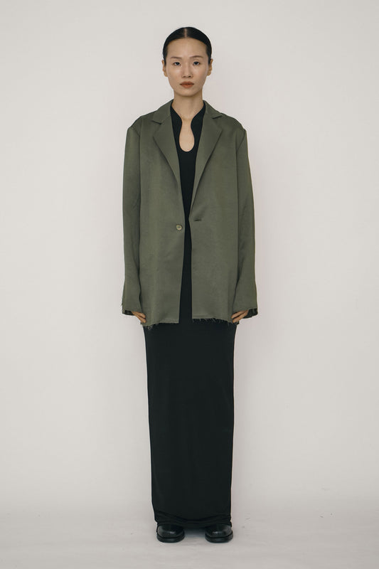 GREEN SATIN RAW EDGE BLAZER SHIRT