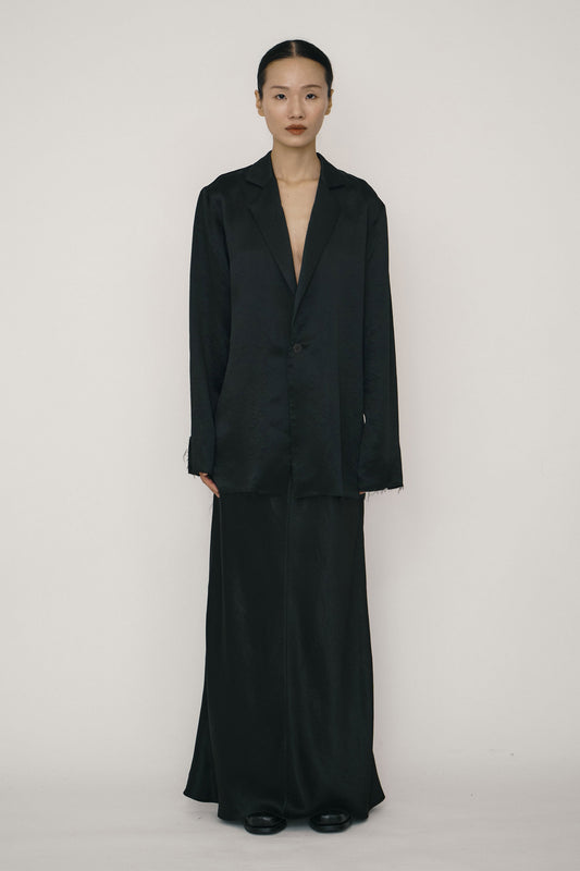 BLACK SATIN BIAS-CUT MAXI SKIRT