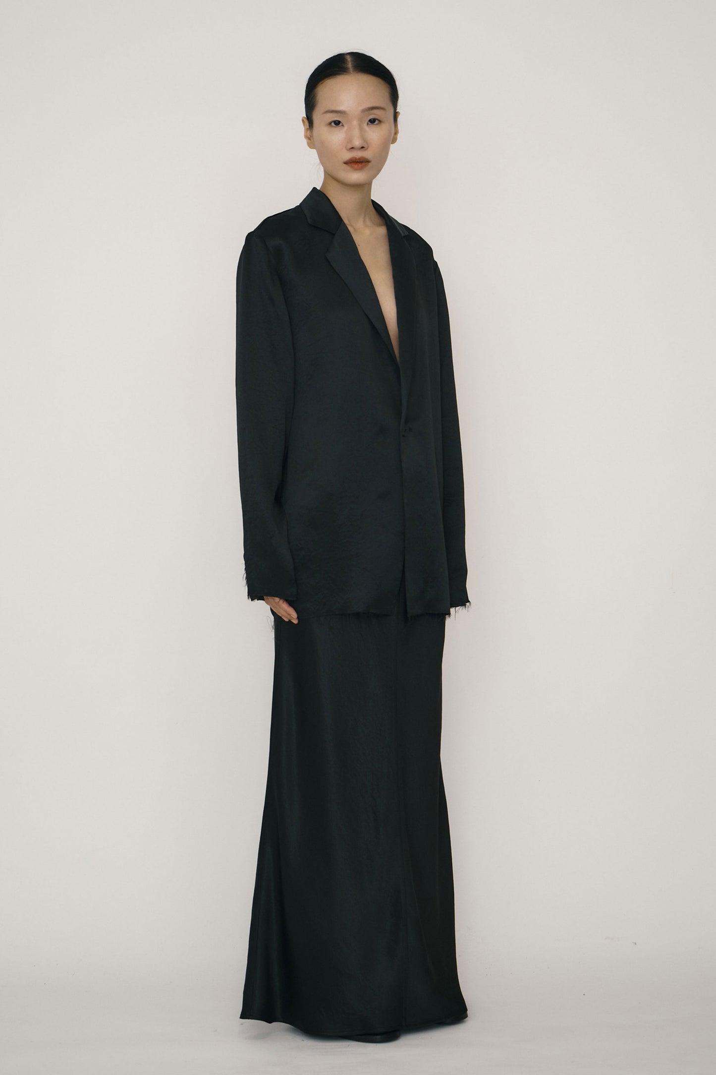 BLACK SATIN RAW EDGE BLAZER SHIRT