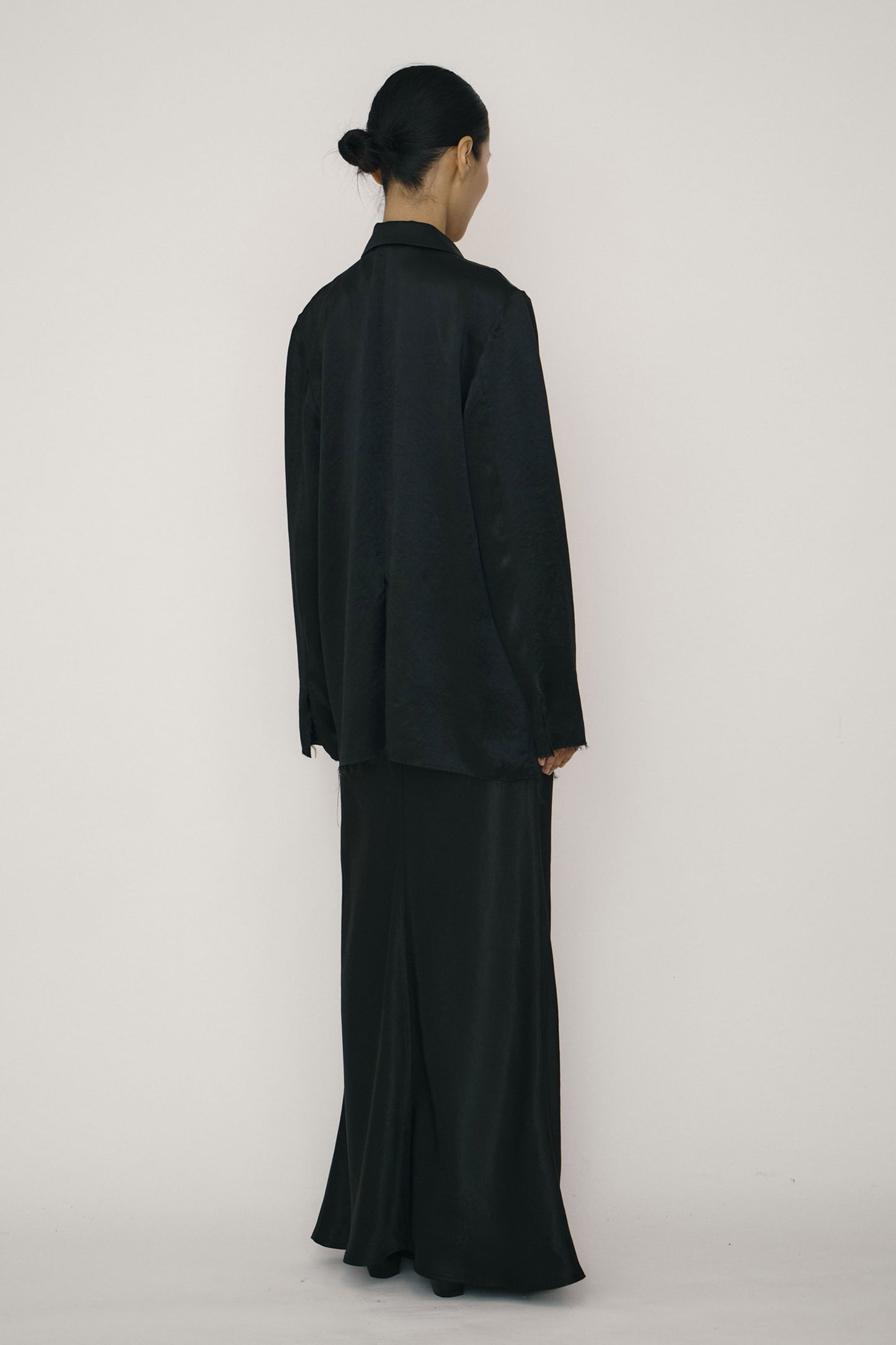 BLACK SATIN RAW EDGE BLAZER SHIRT