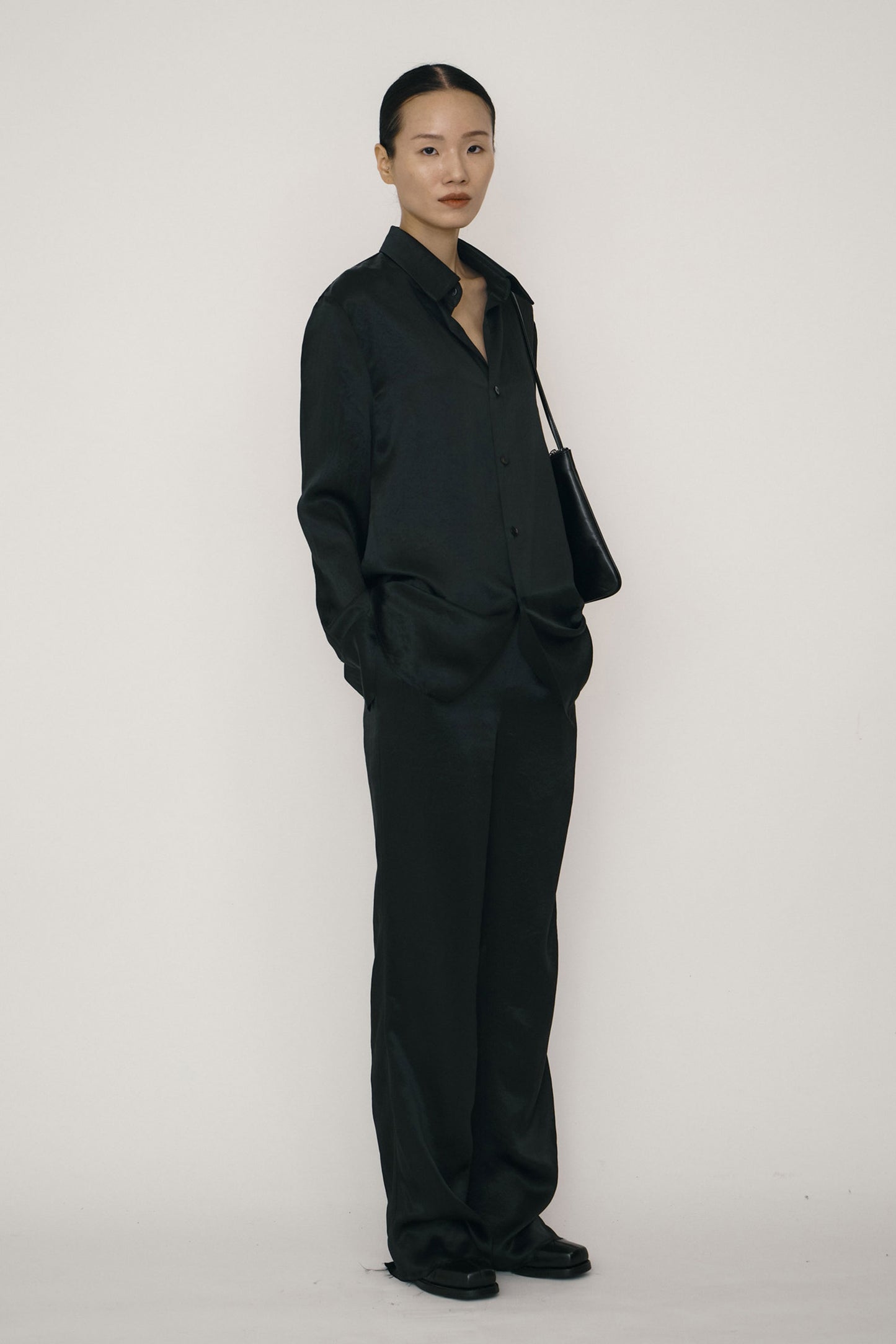 BLACK SATIN RAW EDGE SHIRT