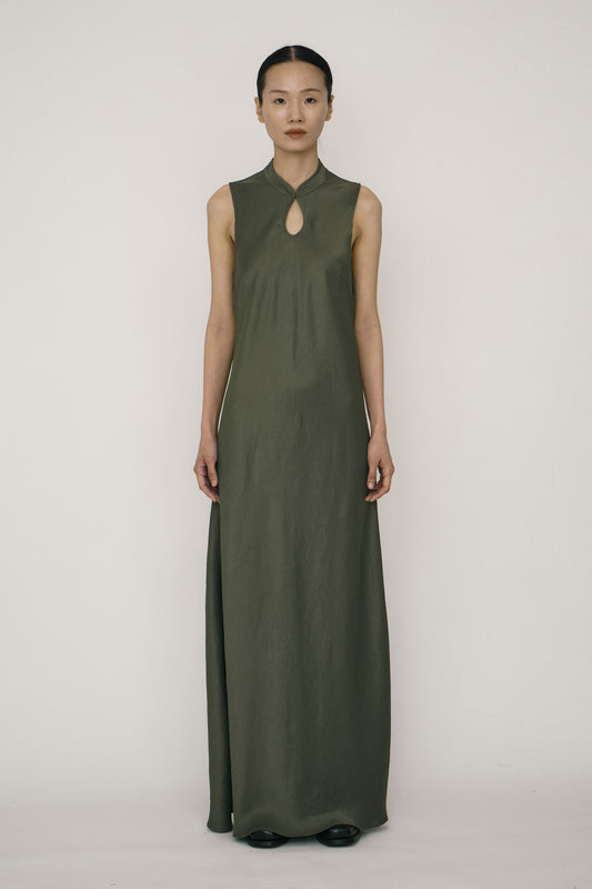 GREEN SATIN MANDARIN COLLAR BIAS-CUT DRESS